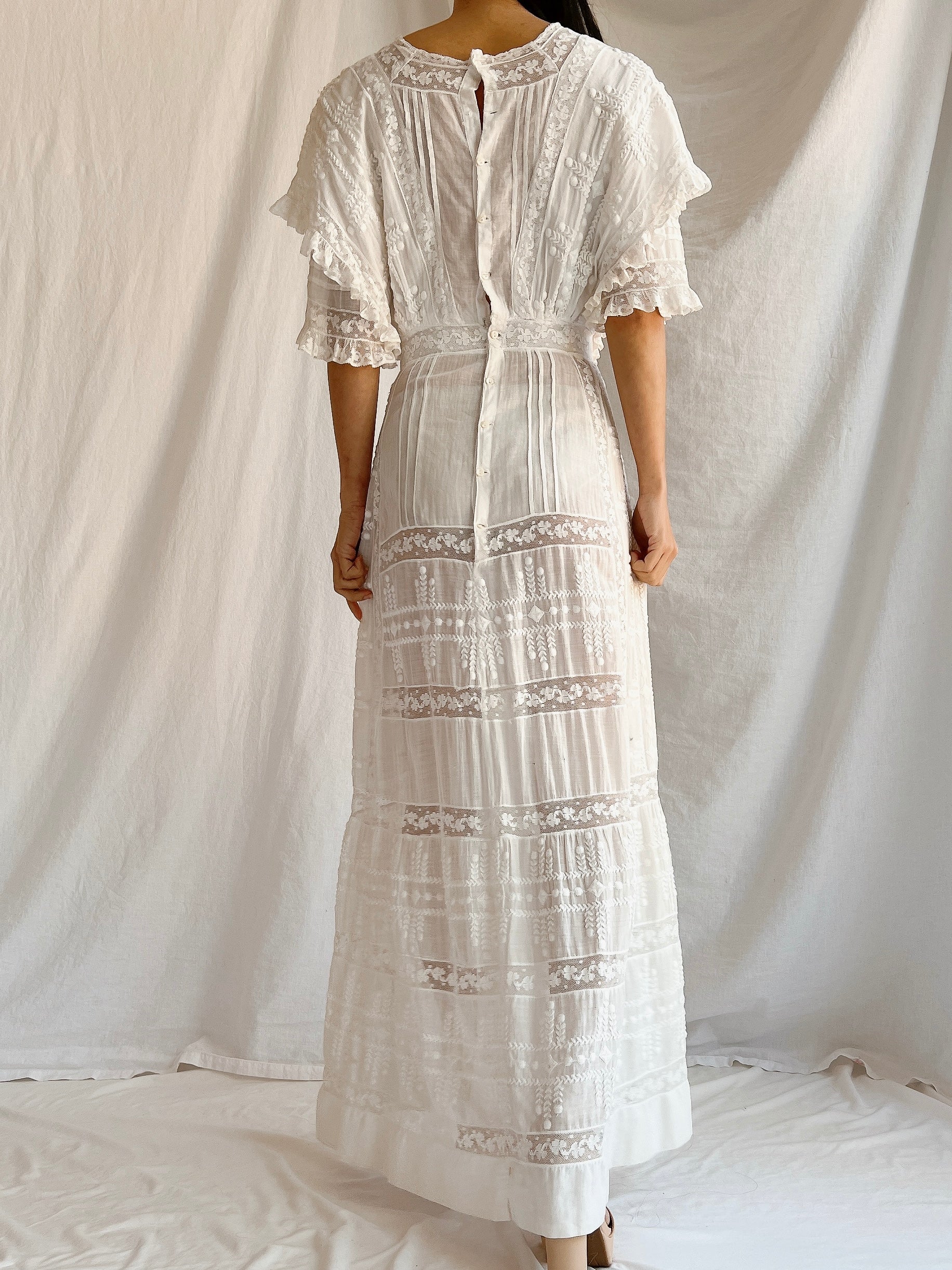 Edwardian Cotton Draped Bodice Lawn Dress - XS