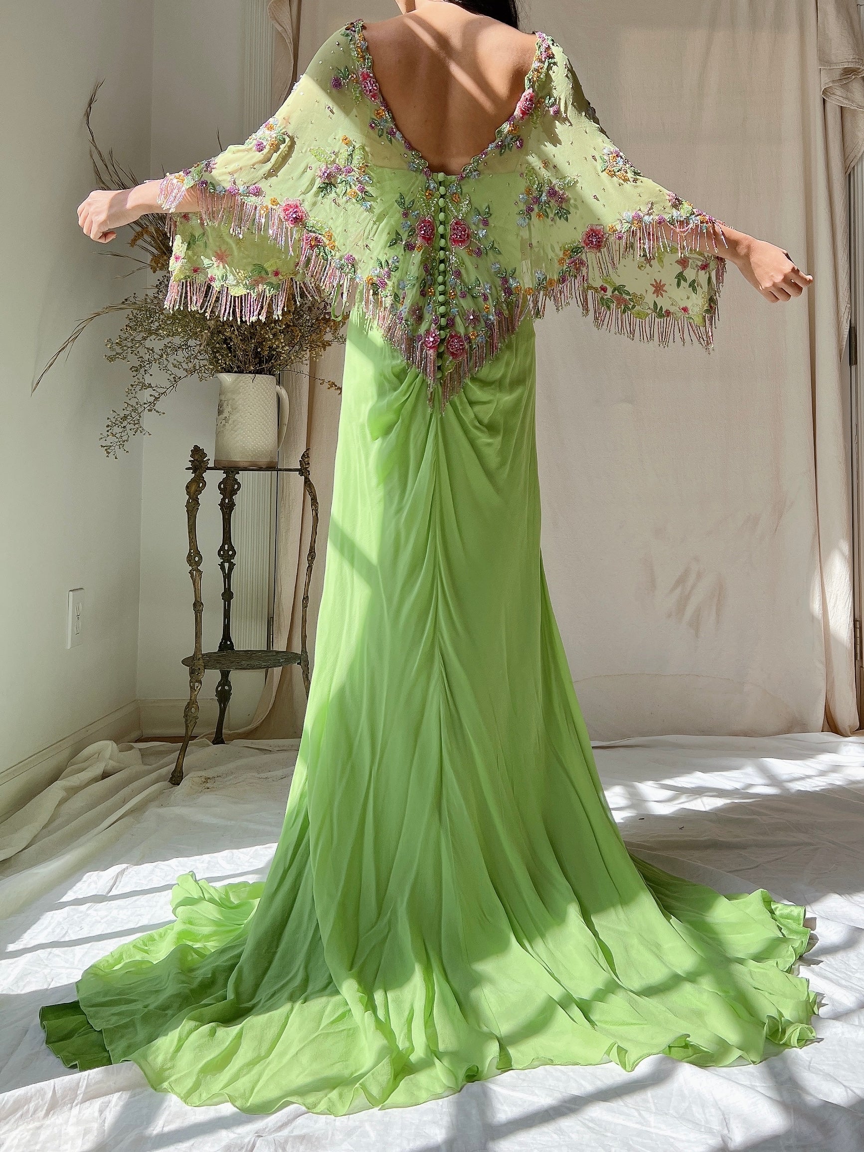 Vintage Chartreuse Belleville Sassoon Silk Cape Dress - XL/UK18