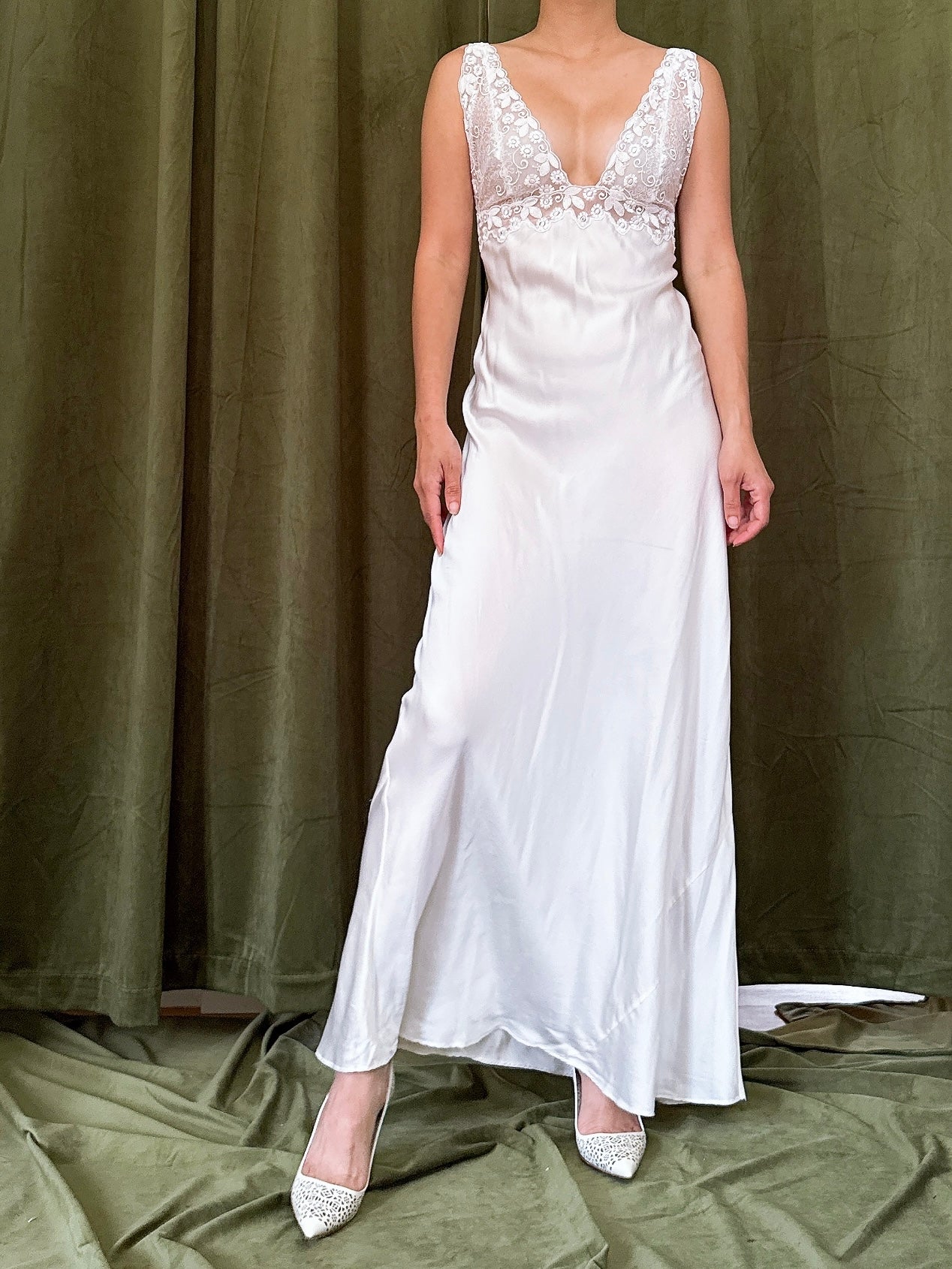 Vintage Embroidered Plunging Silk Slip - S