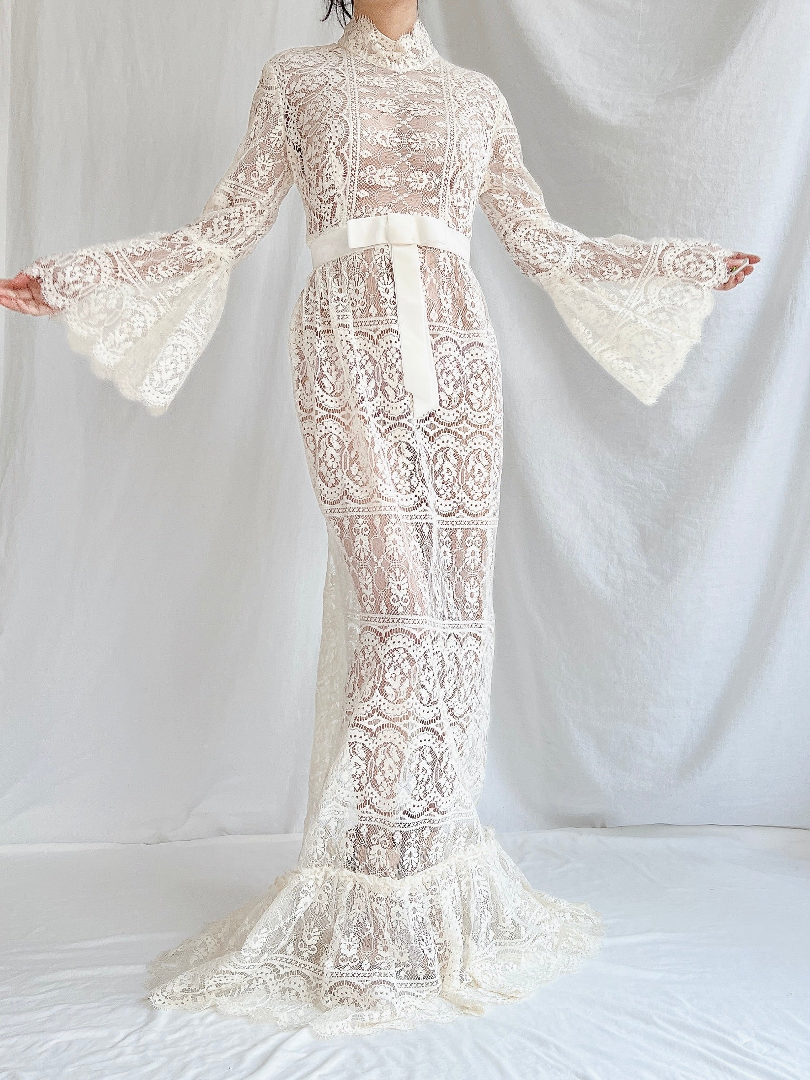 1970s Sheer Filet Lace Gown - M