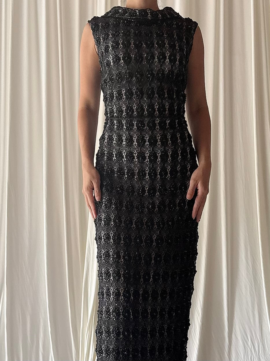 1960s Rayon Beaded Gown - M