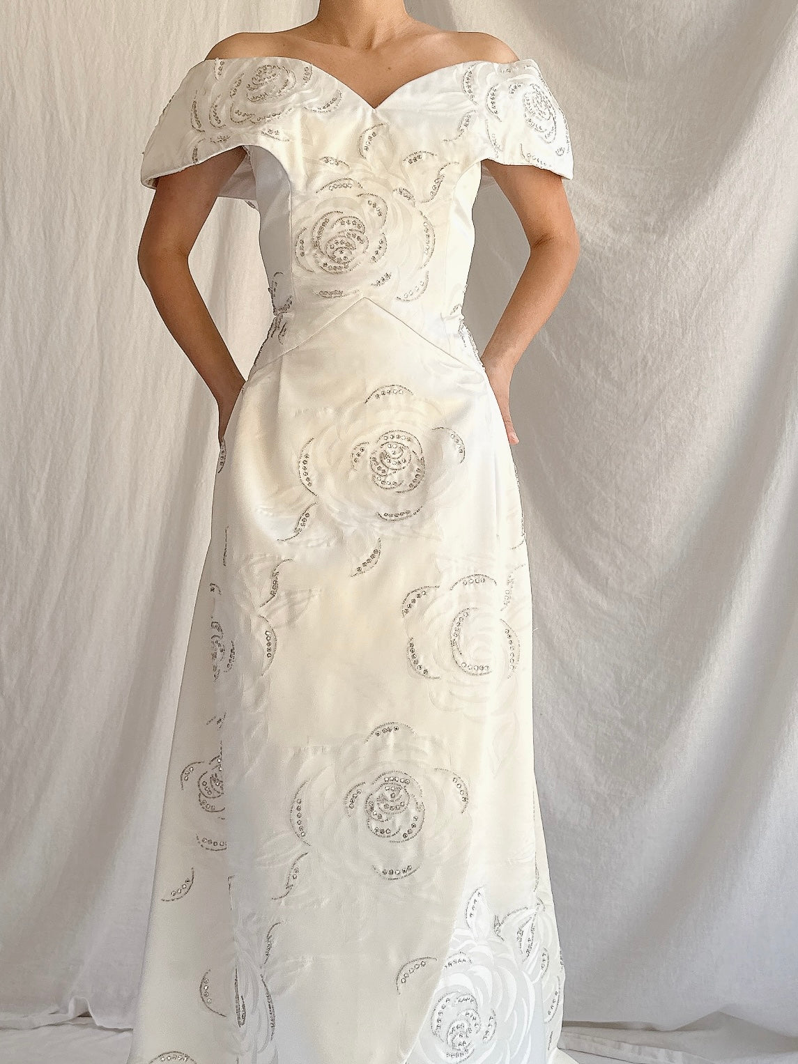 1980s Satin Rhinestone Roses Gown - M/L