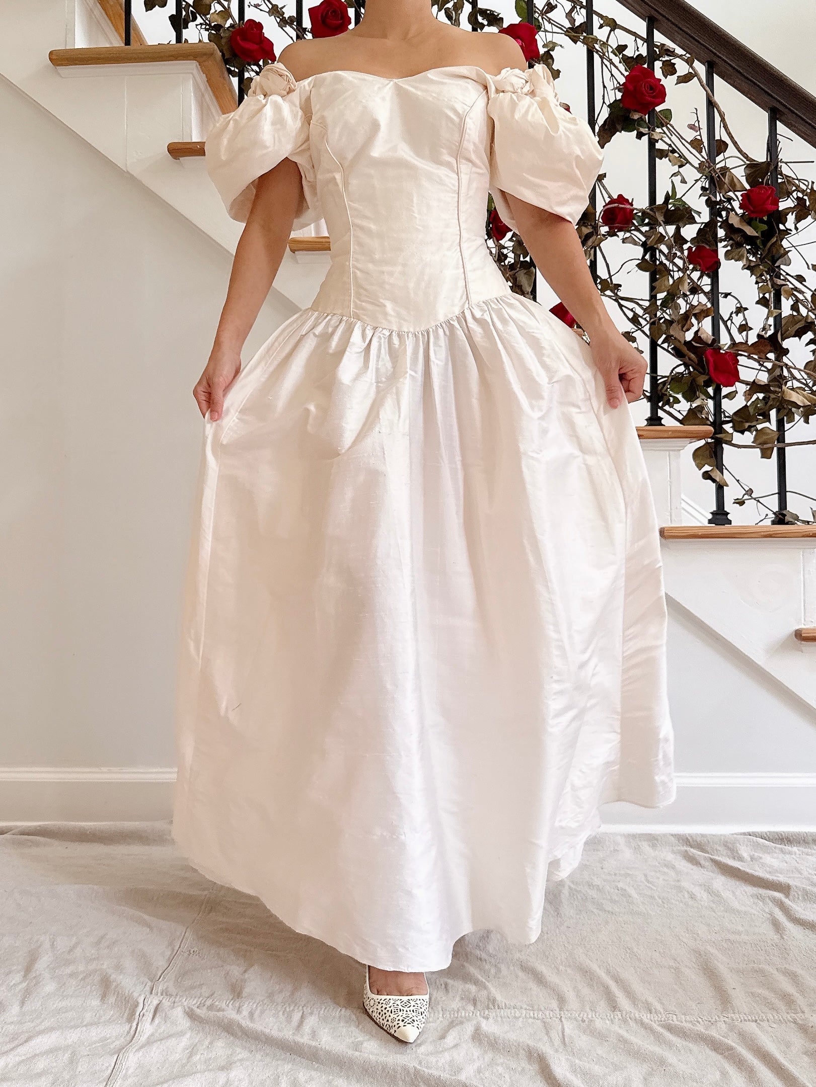 Vintage Puff Sleeve Raw Silk Dress - 34B/28W/53L