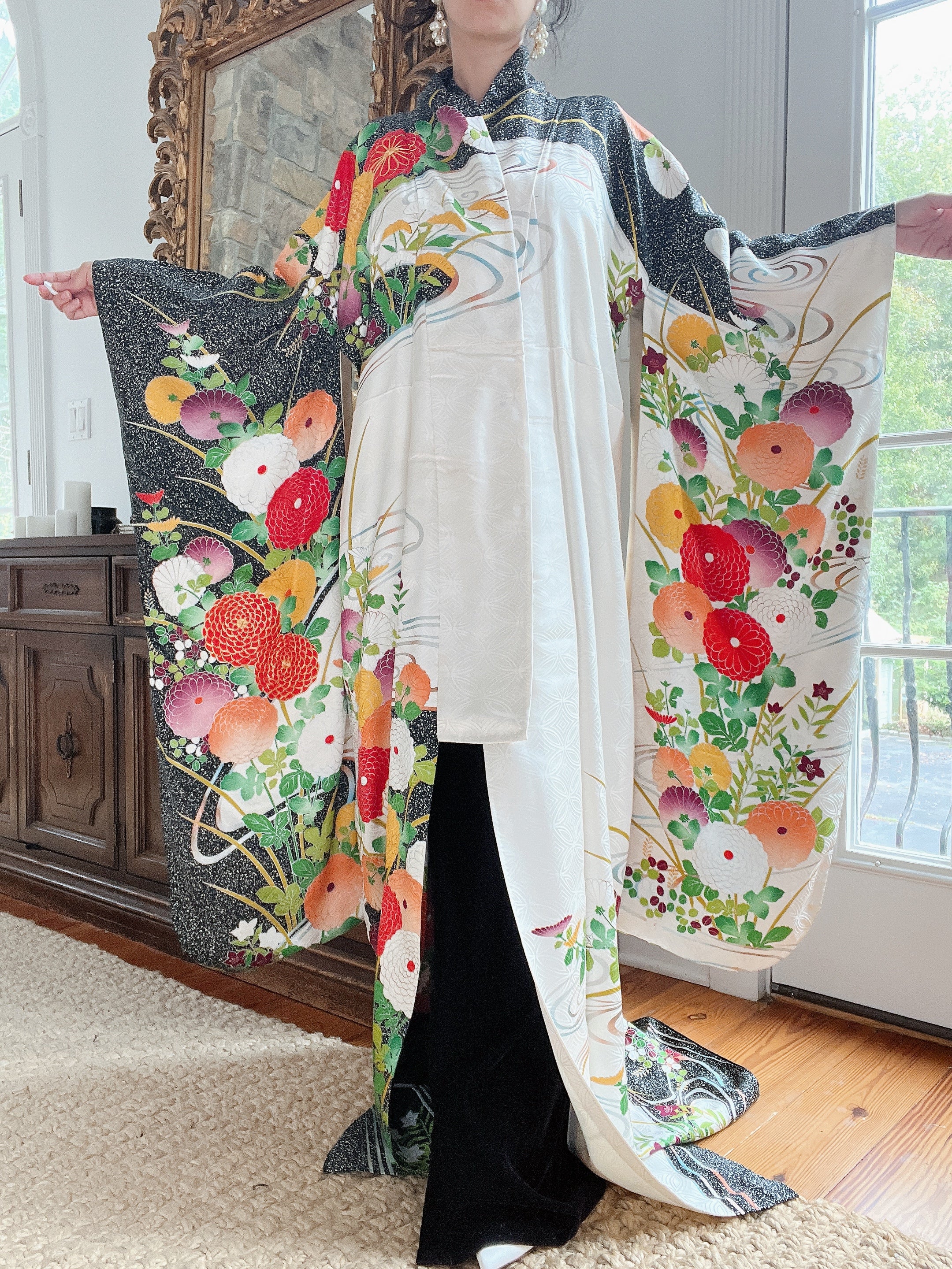 Vintage Silk Black and Green Floral Kimono - OSFA