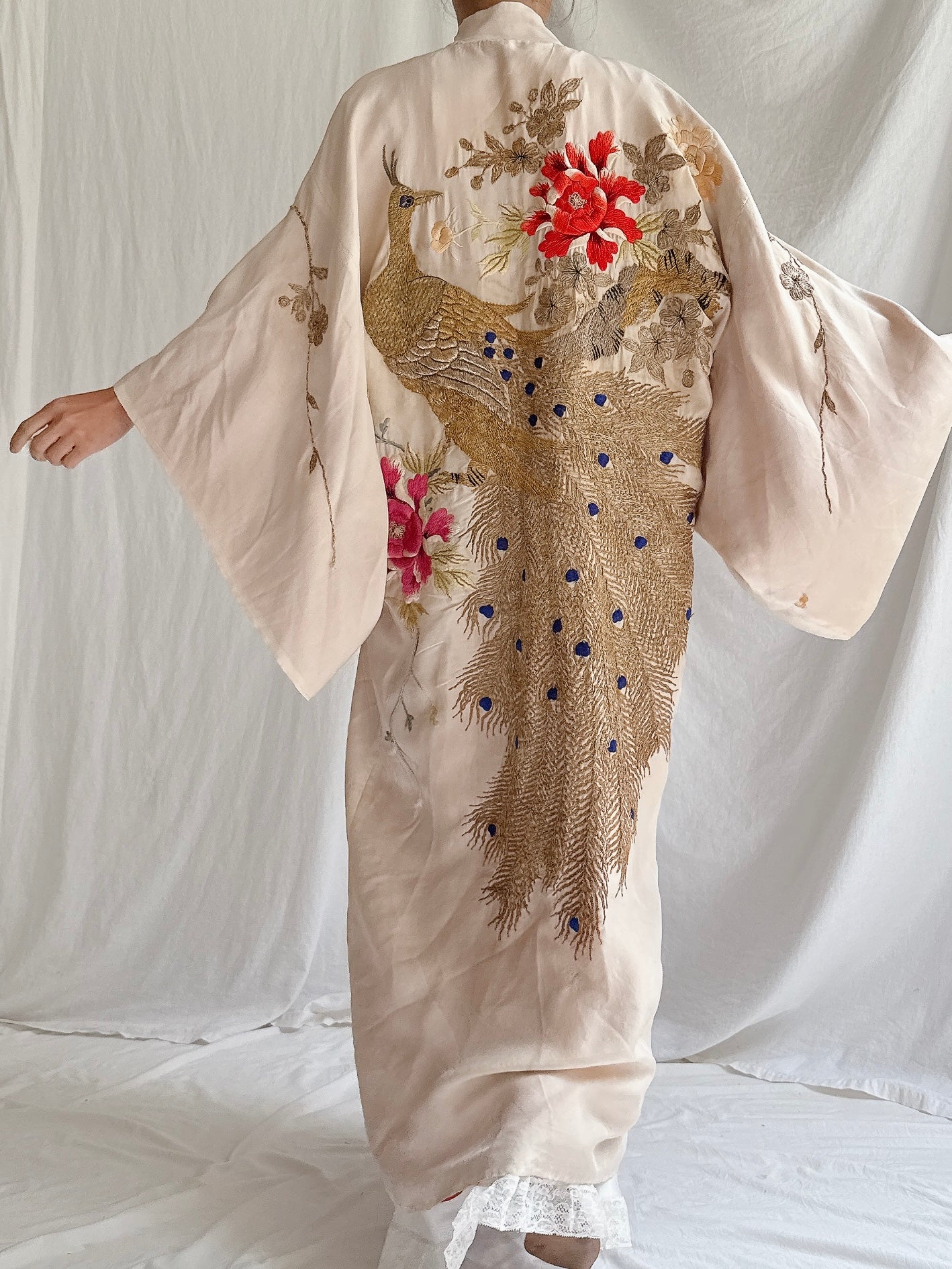 Antique Silk Peacock Embroidered Kimono - OSFM
