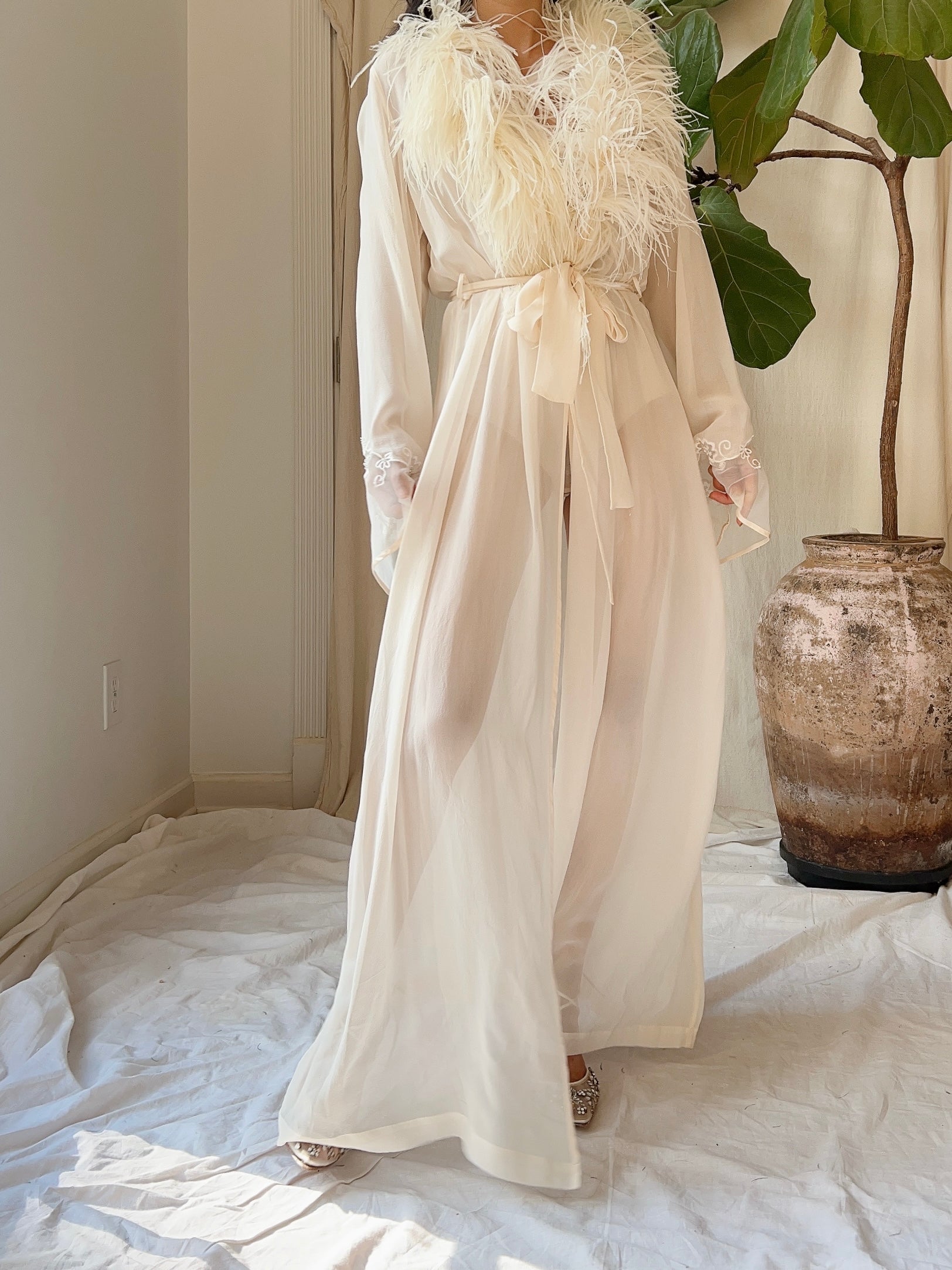 Vintage Silk Chiffon Feather Robe - S-M