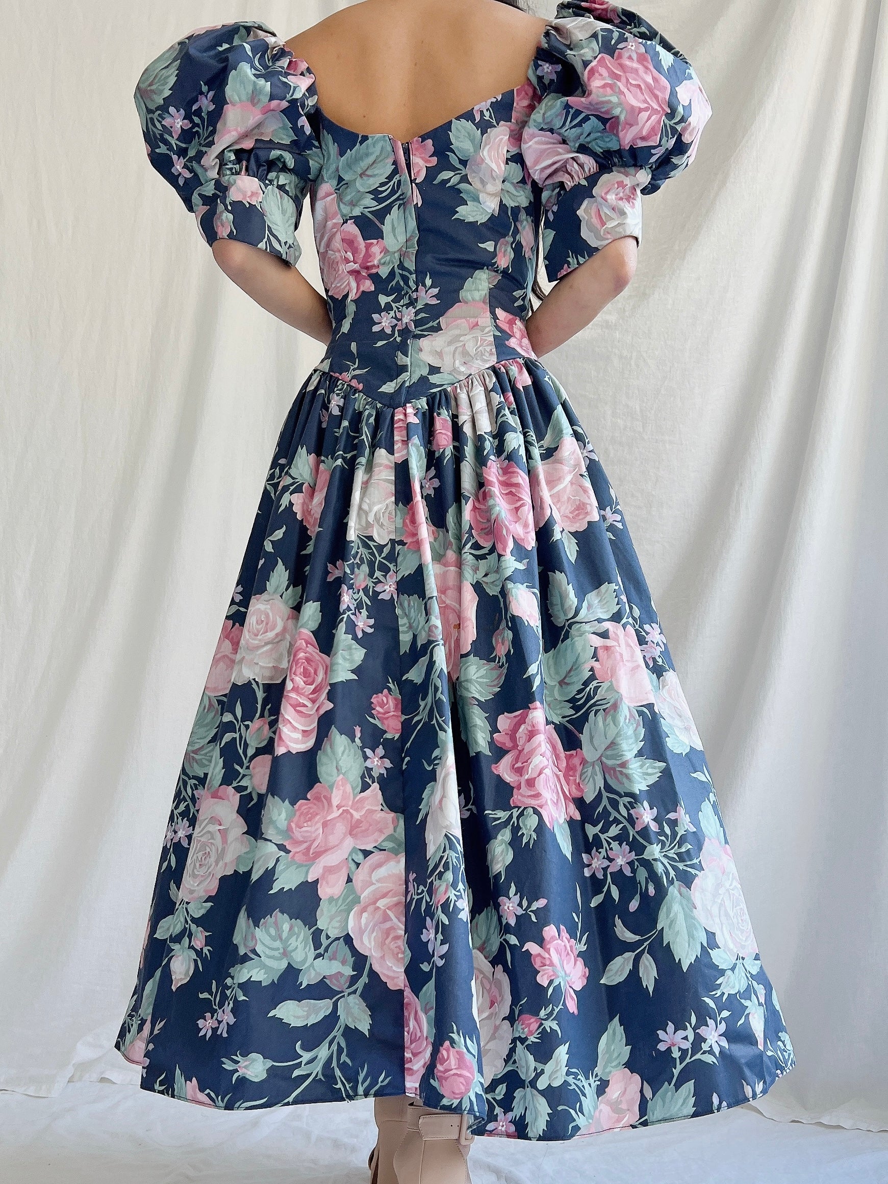 1980s Navy Puff Sleeve Dress - XS