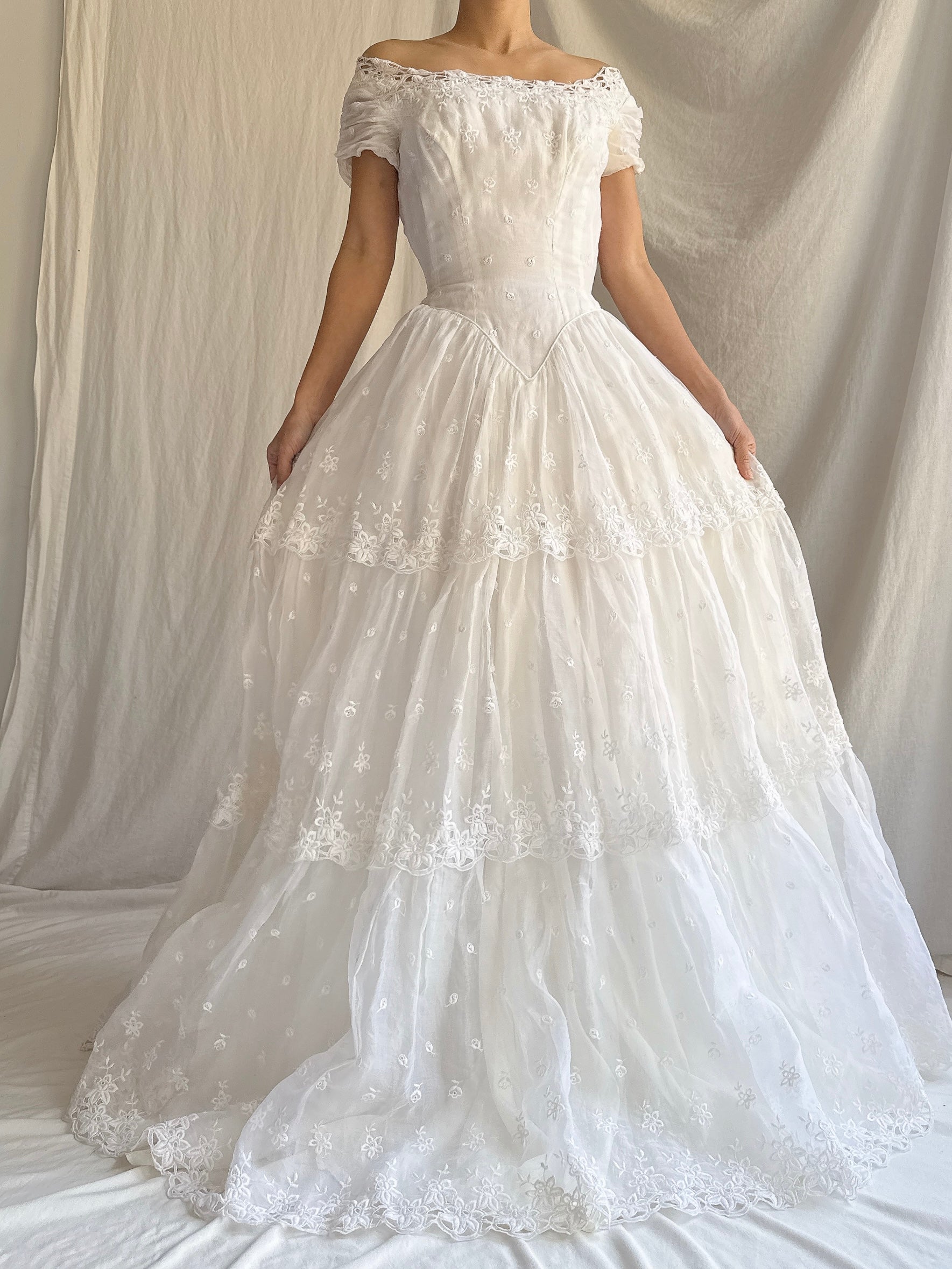 RESERVED for Colette 1950s Organdy Embroidered Gown - XS