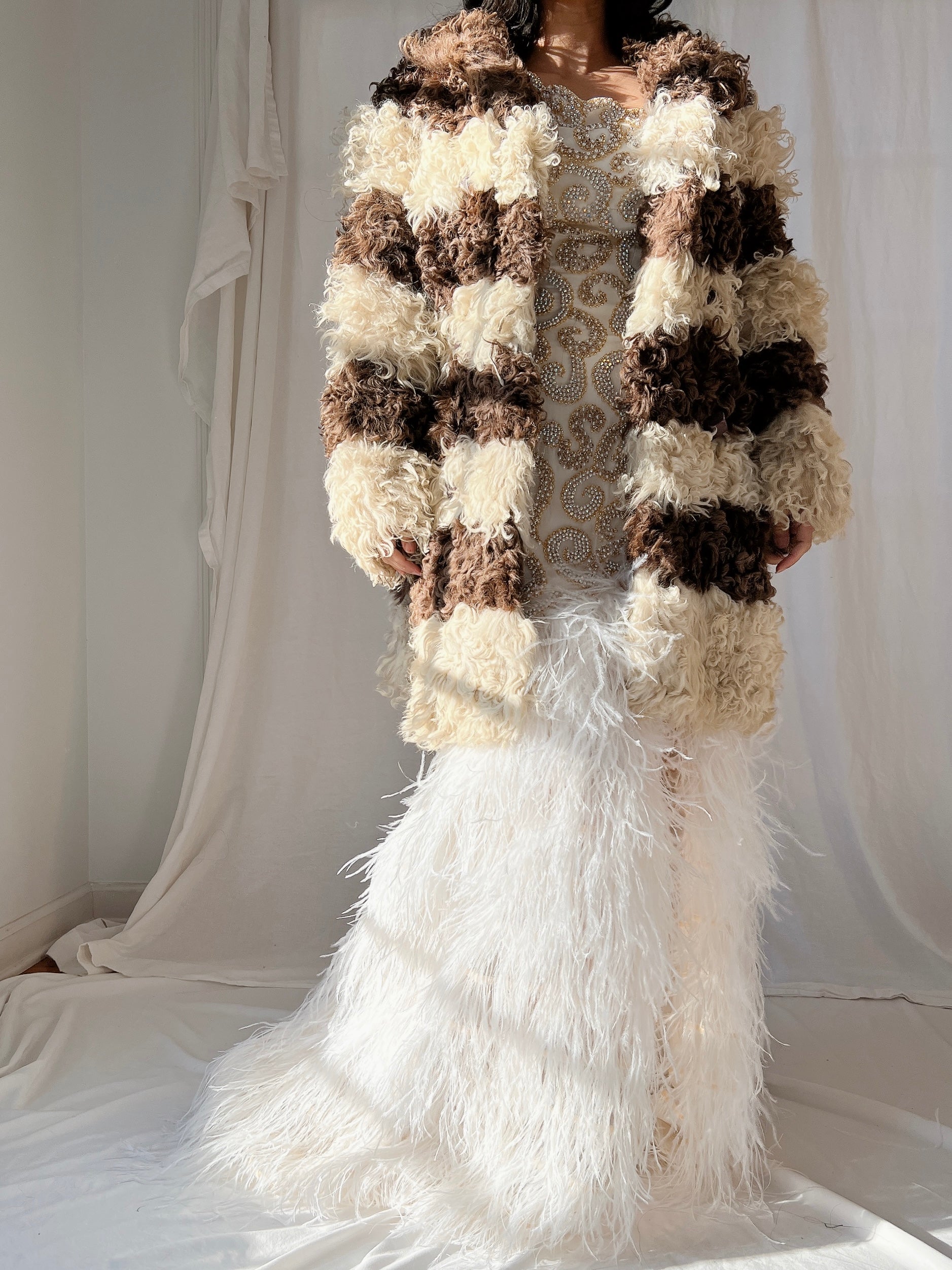 Vintage Curly Sheep Brown and Cream Coat - M