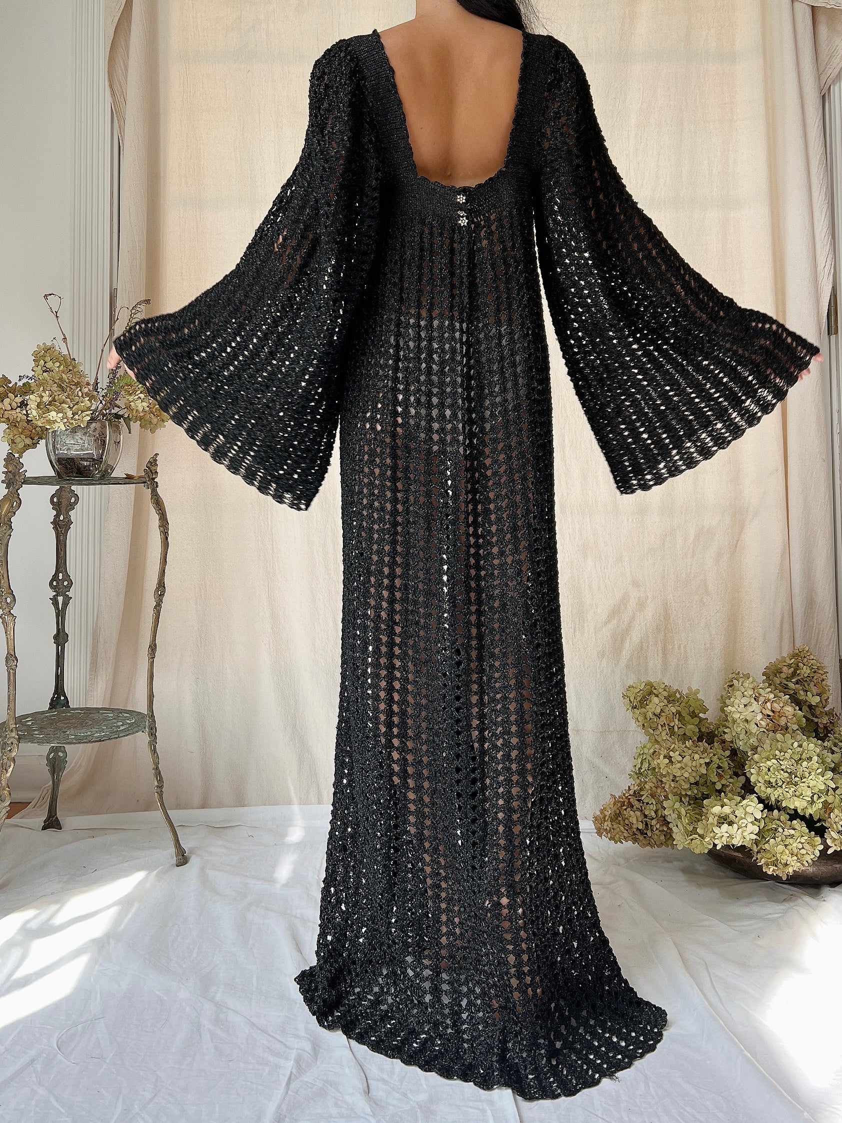 Vintage OOAK Shimmer Hand-Crochet Angel Sleeve Gown - S/M
