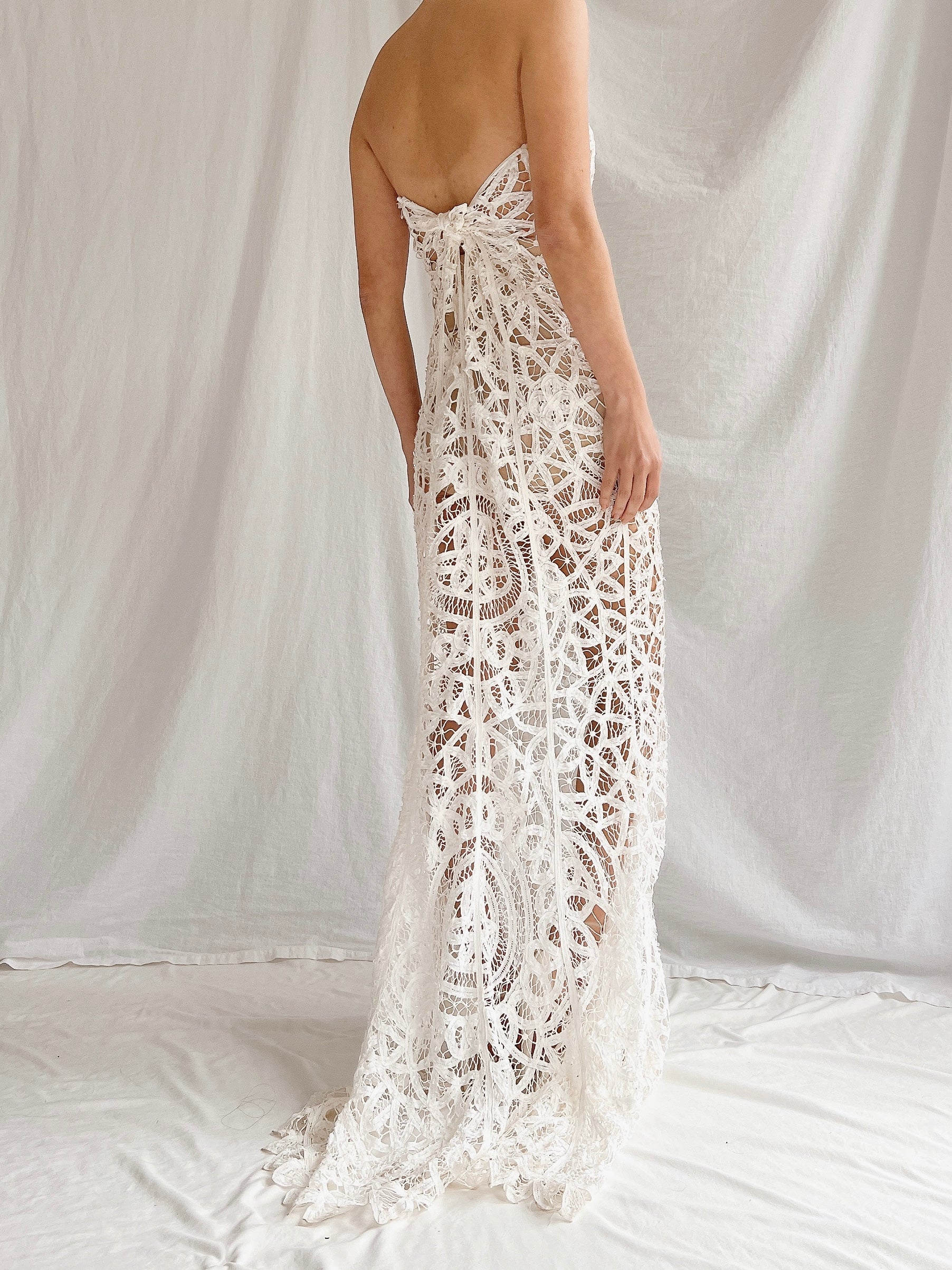 Vintage Sheer Tape Lace Strapless Gown - S