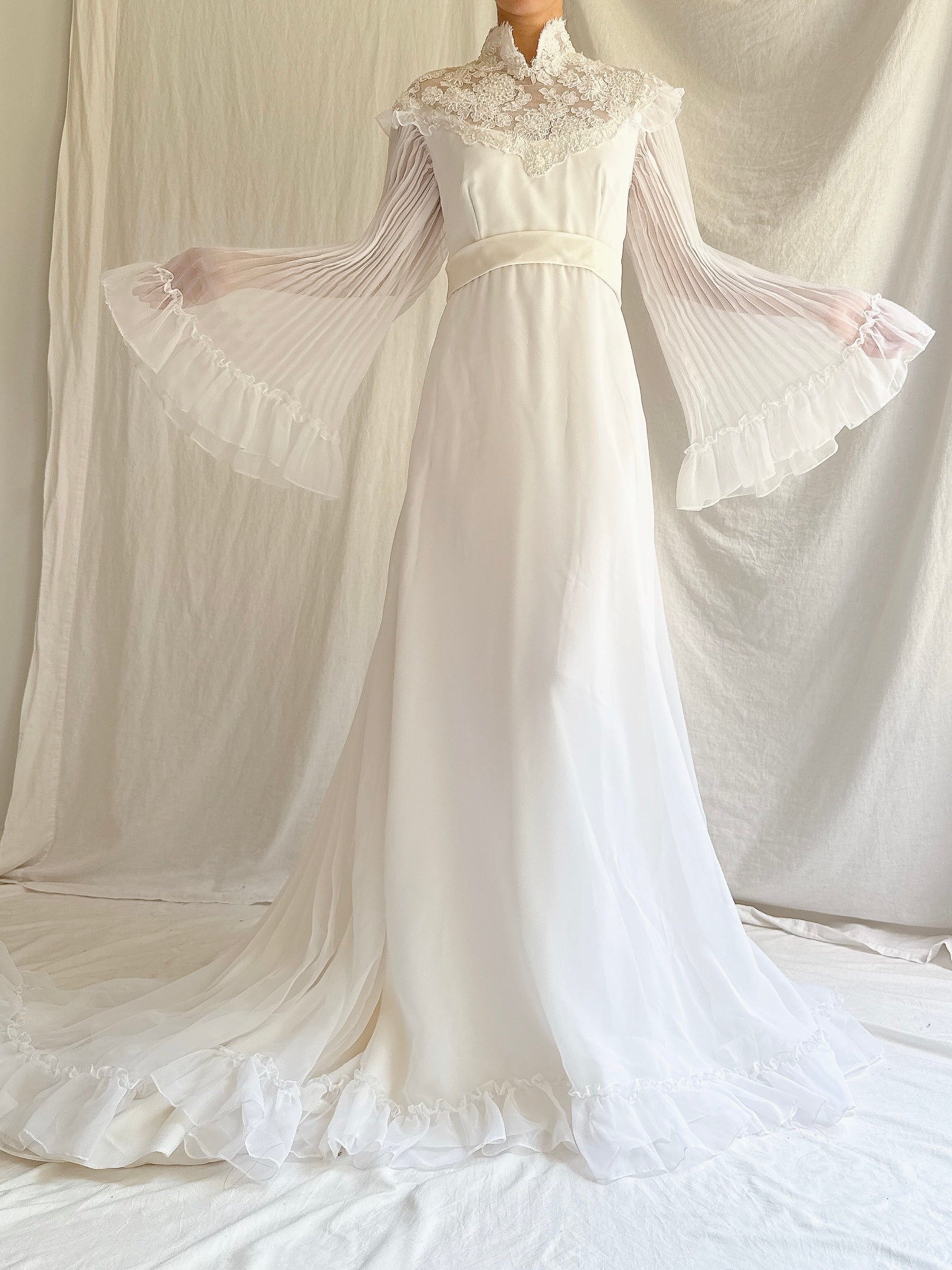 1970s Pleated Sleeves Chiffon Dress - S