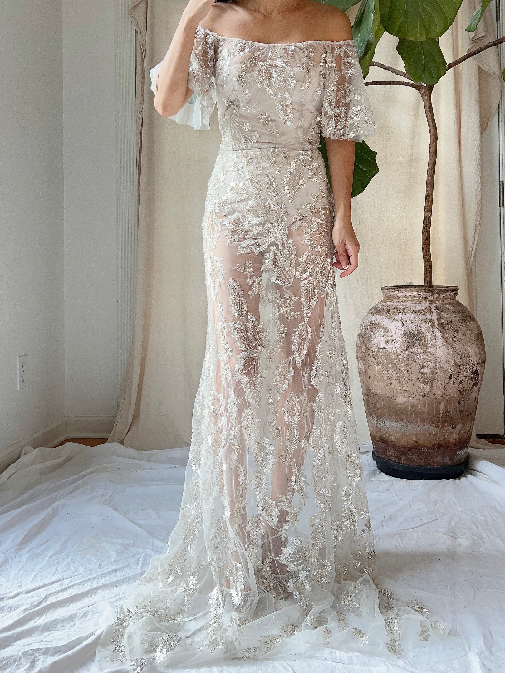 Sheer Off-the-Shoulder Beaded Gown - S