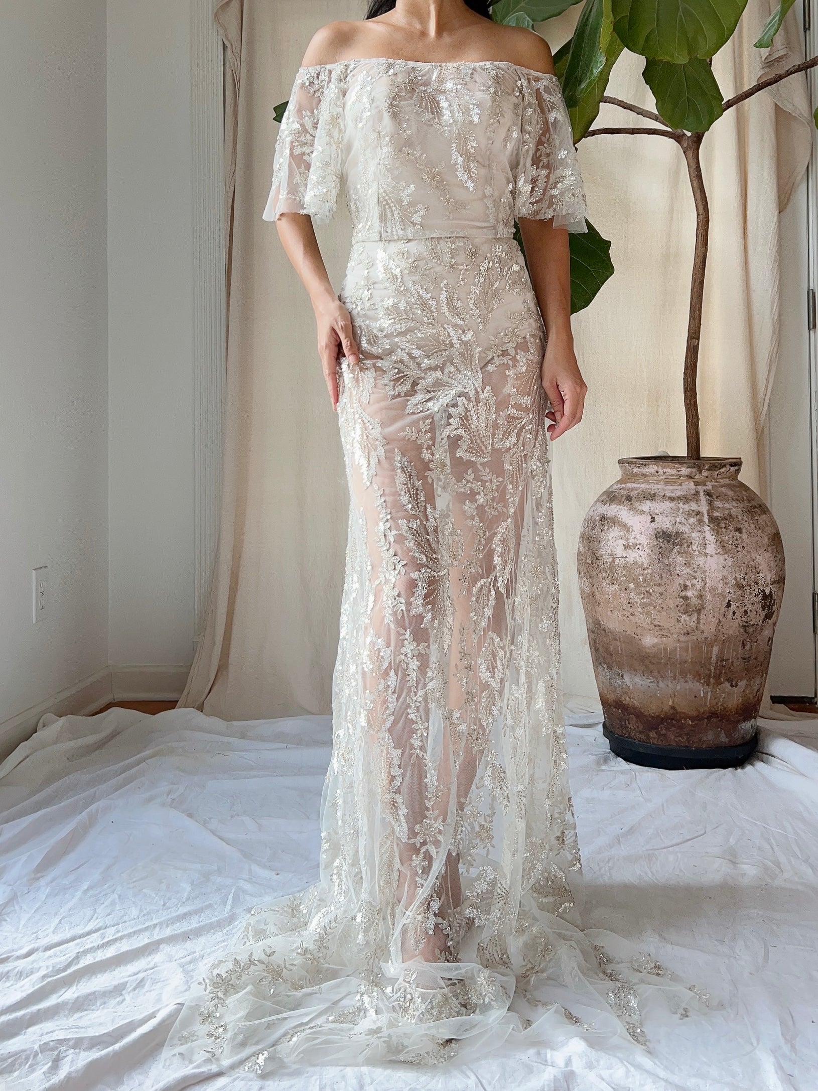 Sheer Off-the-Shoulder Beaded Gown - S
