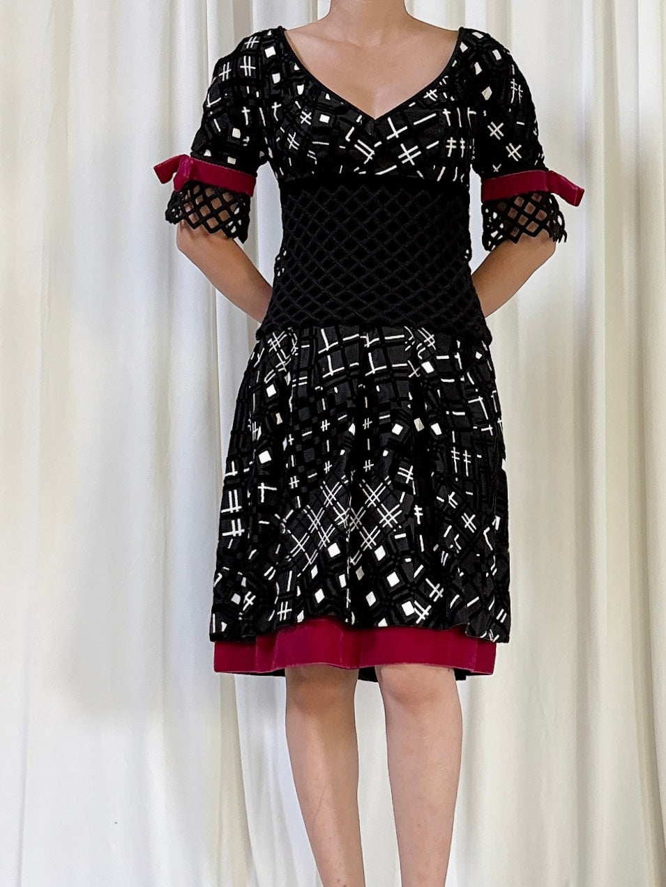 Vintage Bellville Sassoon Black and White Velvet Short Dress - S
