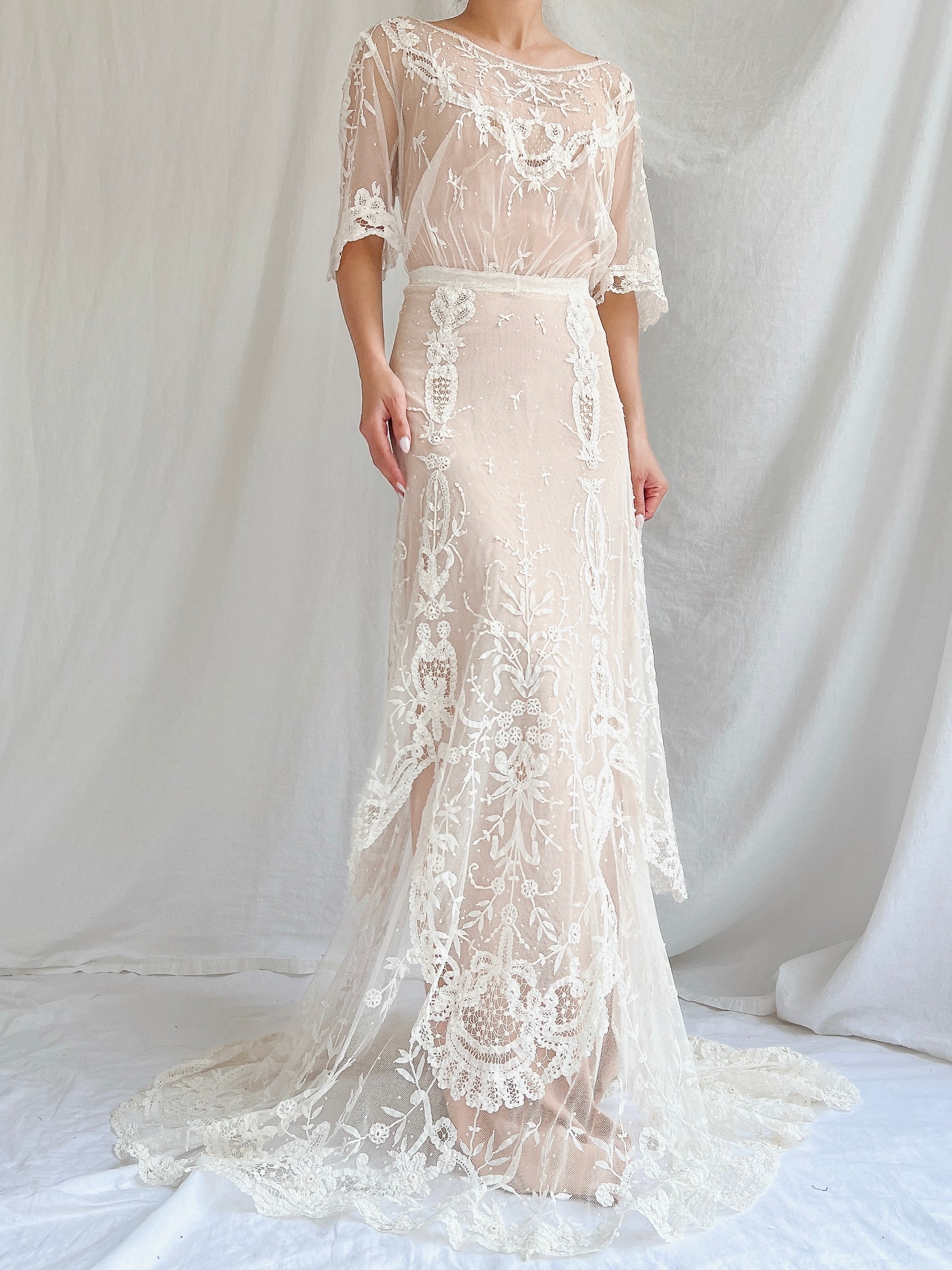 Antique Duchesse Lace Gown with Silk Slip - S