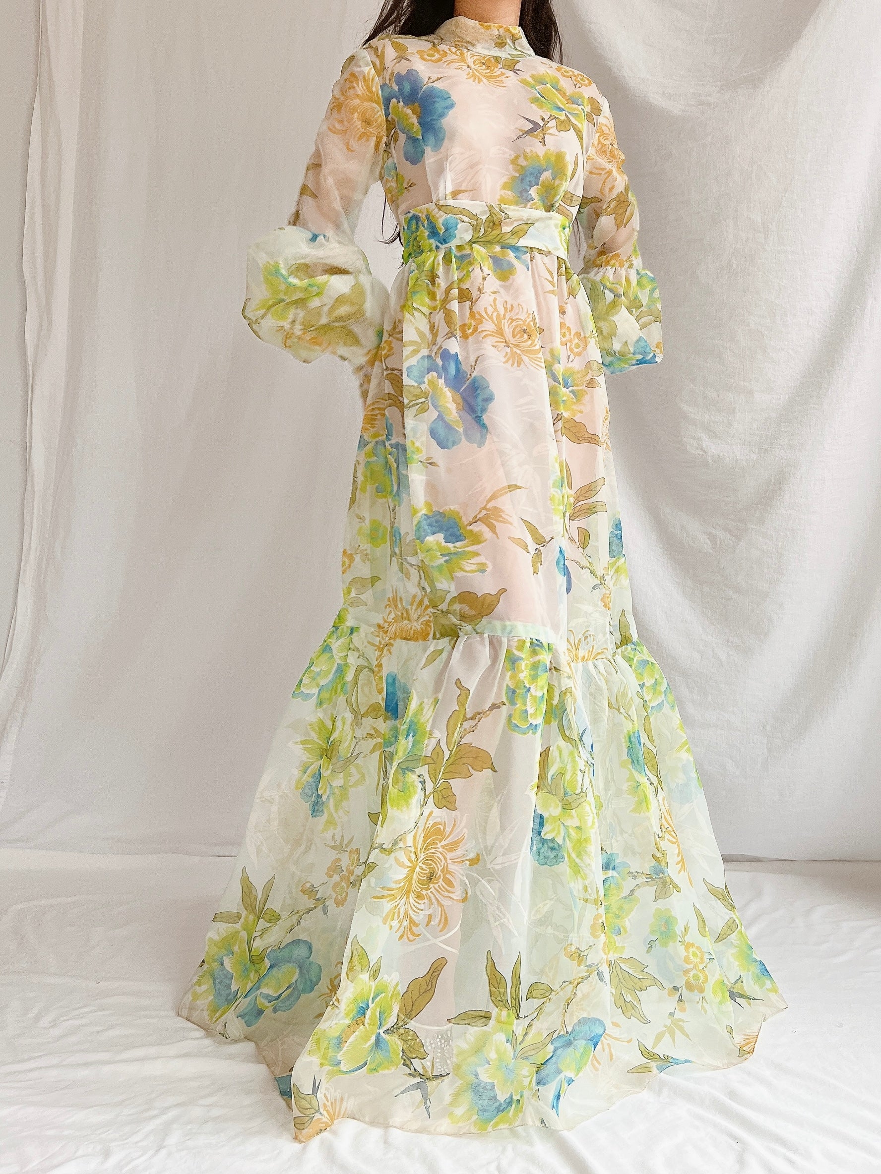 1970s Sheer Voile Puff Sleeves Gown - M