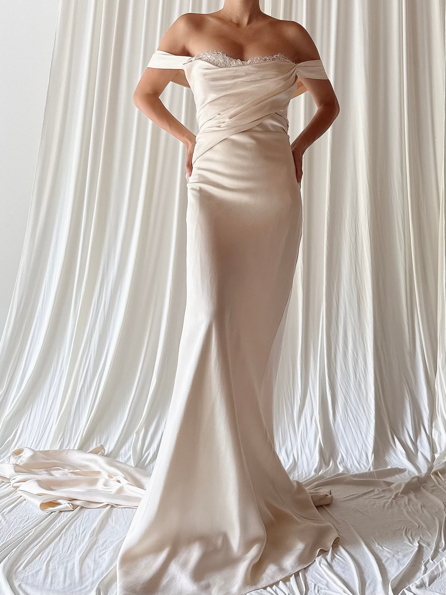 Vintage Silk Draped Bias Cut Gown with Detachable Train - M