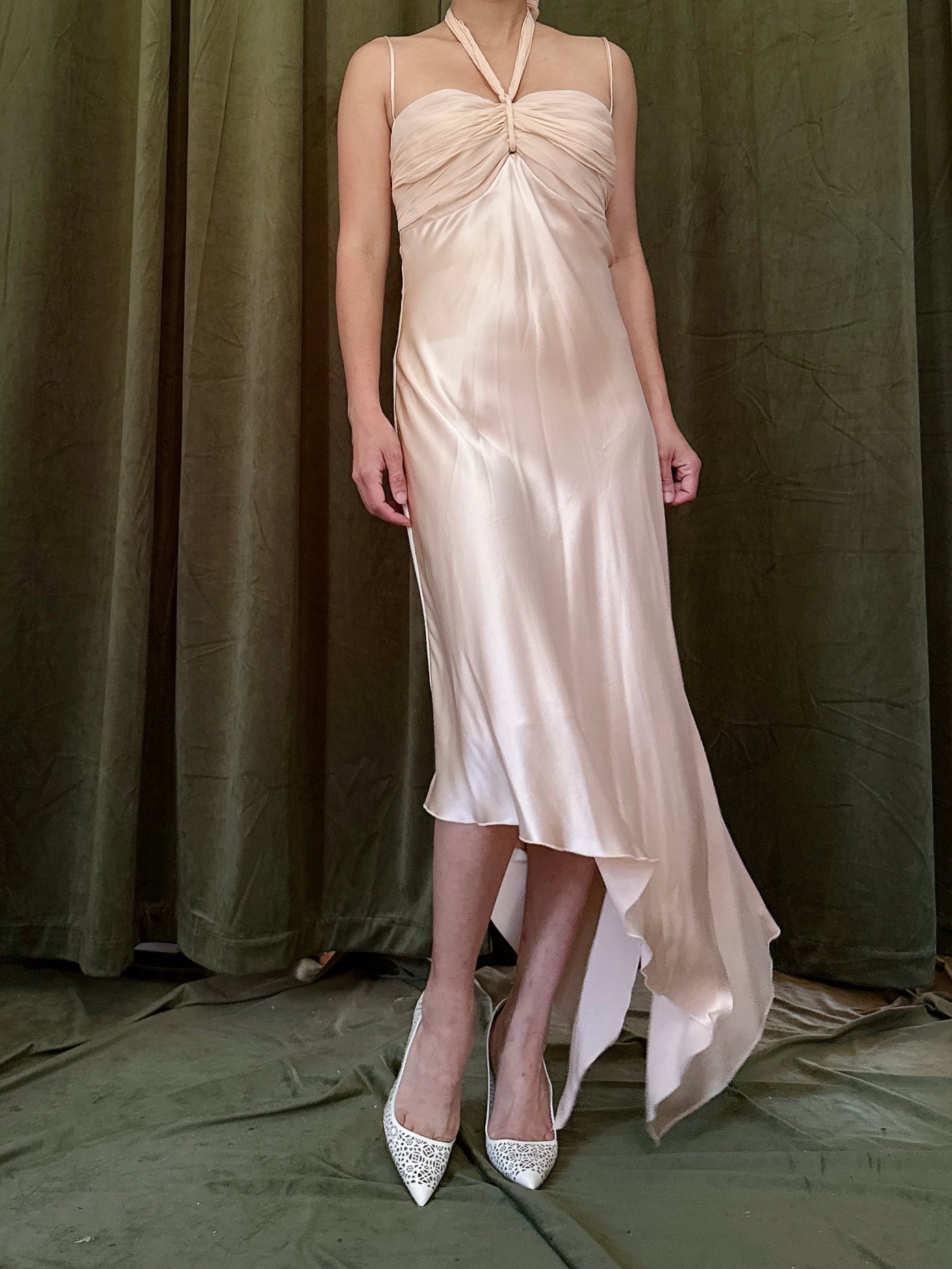 Vintage Peach Silk Halter Dress - M