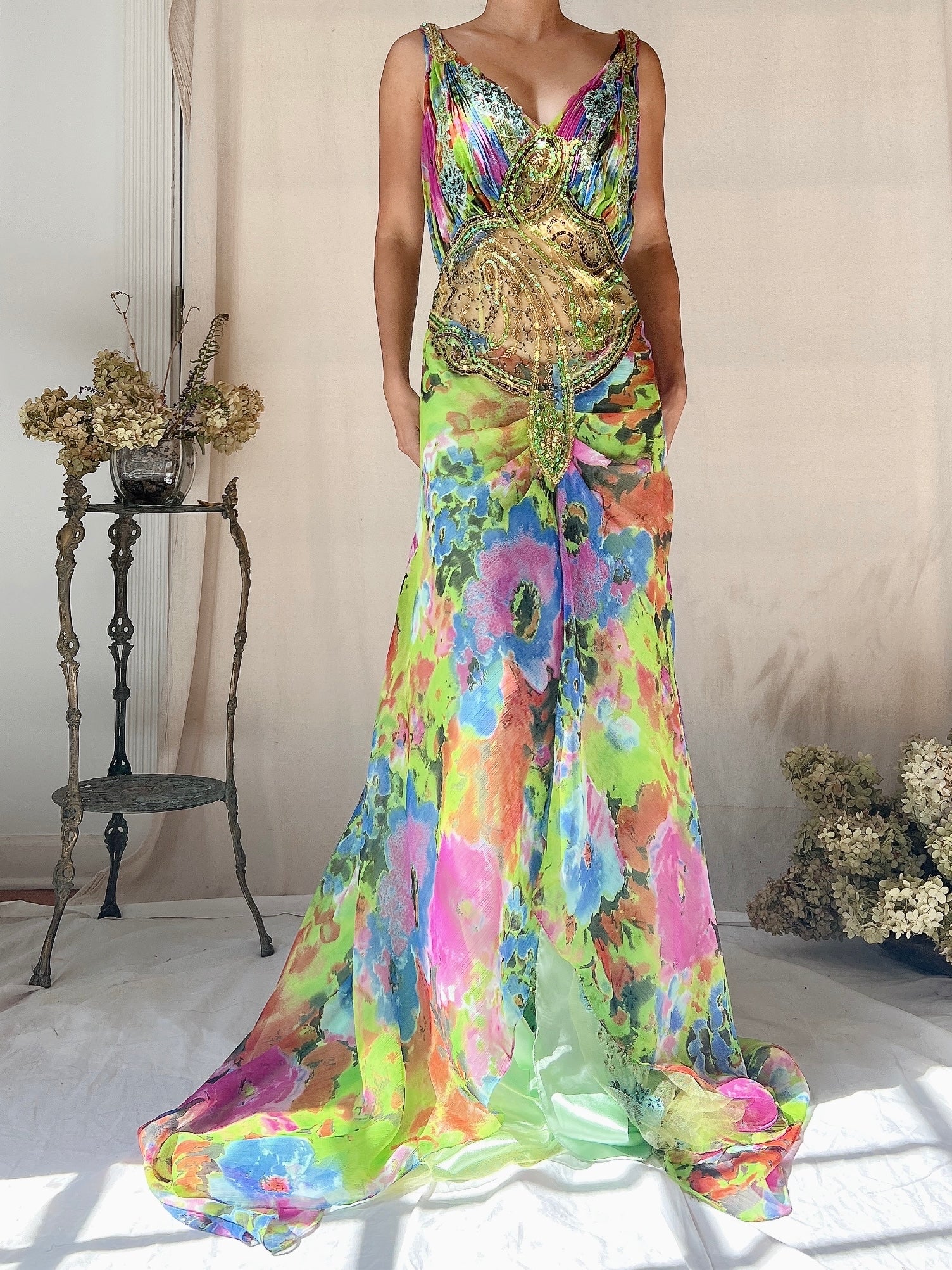 Vintage Multicolored Chiffon and Mesh Dress - S (US 6)