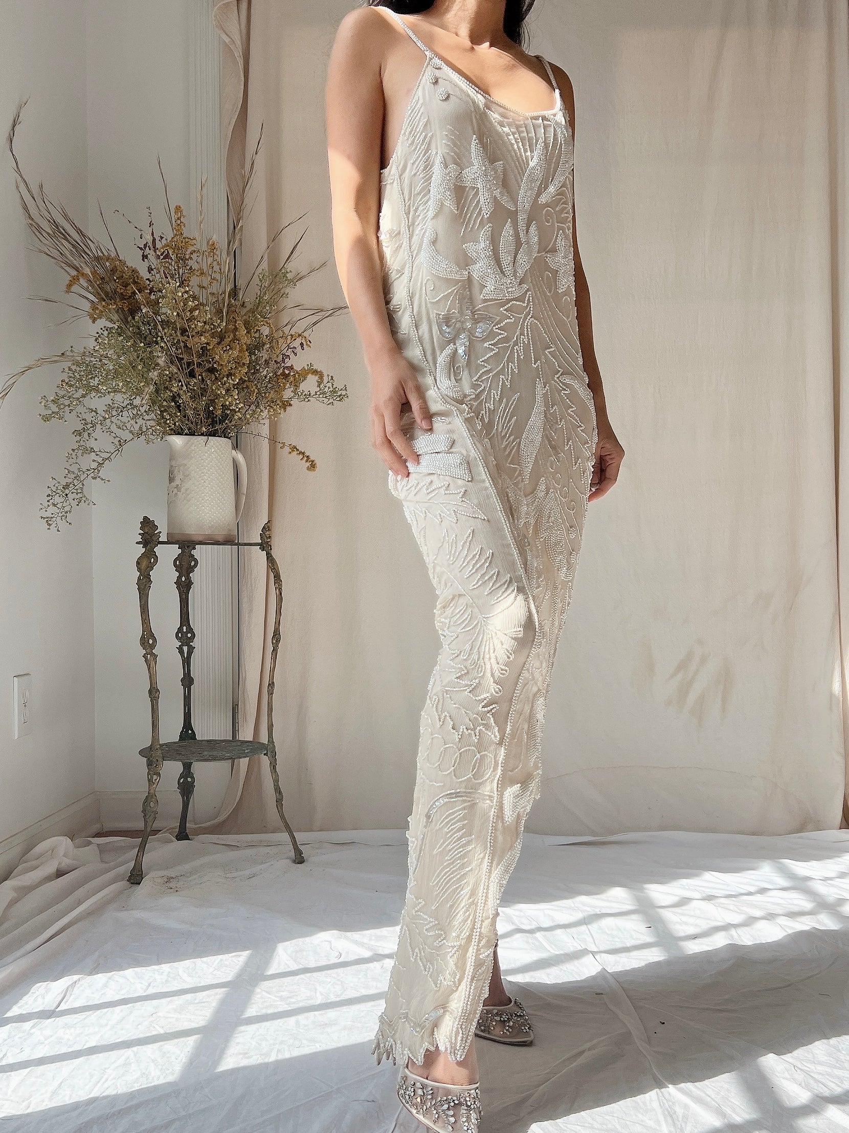 1980s Silk Chiffon Seed Pearls Stars Dress - M