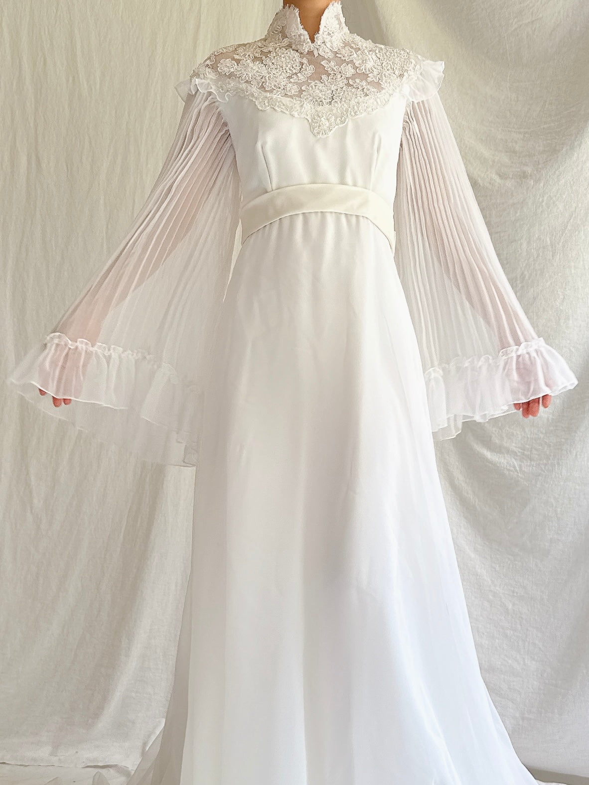 1970s Pleated Sleeves Chiffon Dress - S