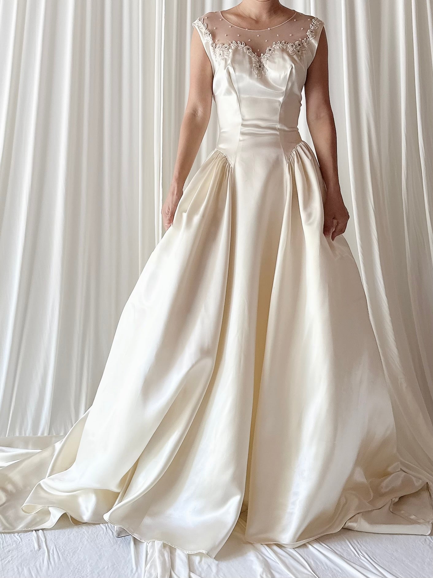 1940s Candlelight Satin Illusion Beaded Gown - S/6