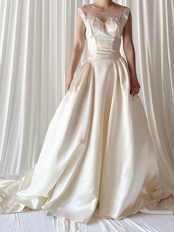 1940s Candlelight Satin Illusion Beaded Gown - S/6