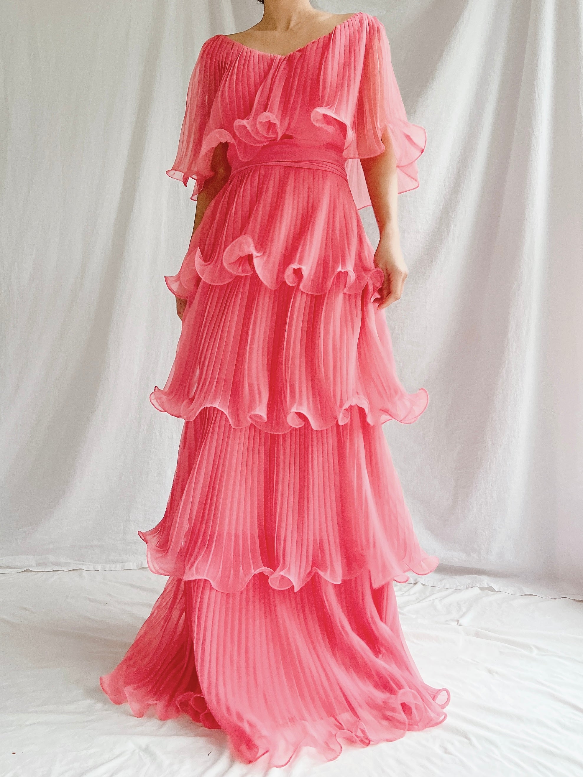 Vintage Watermelon Tiered Chiffon Dress - XS