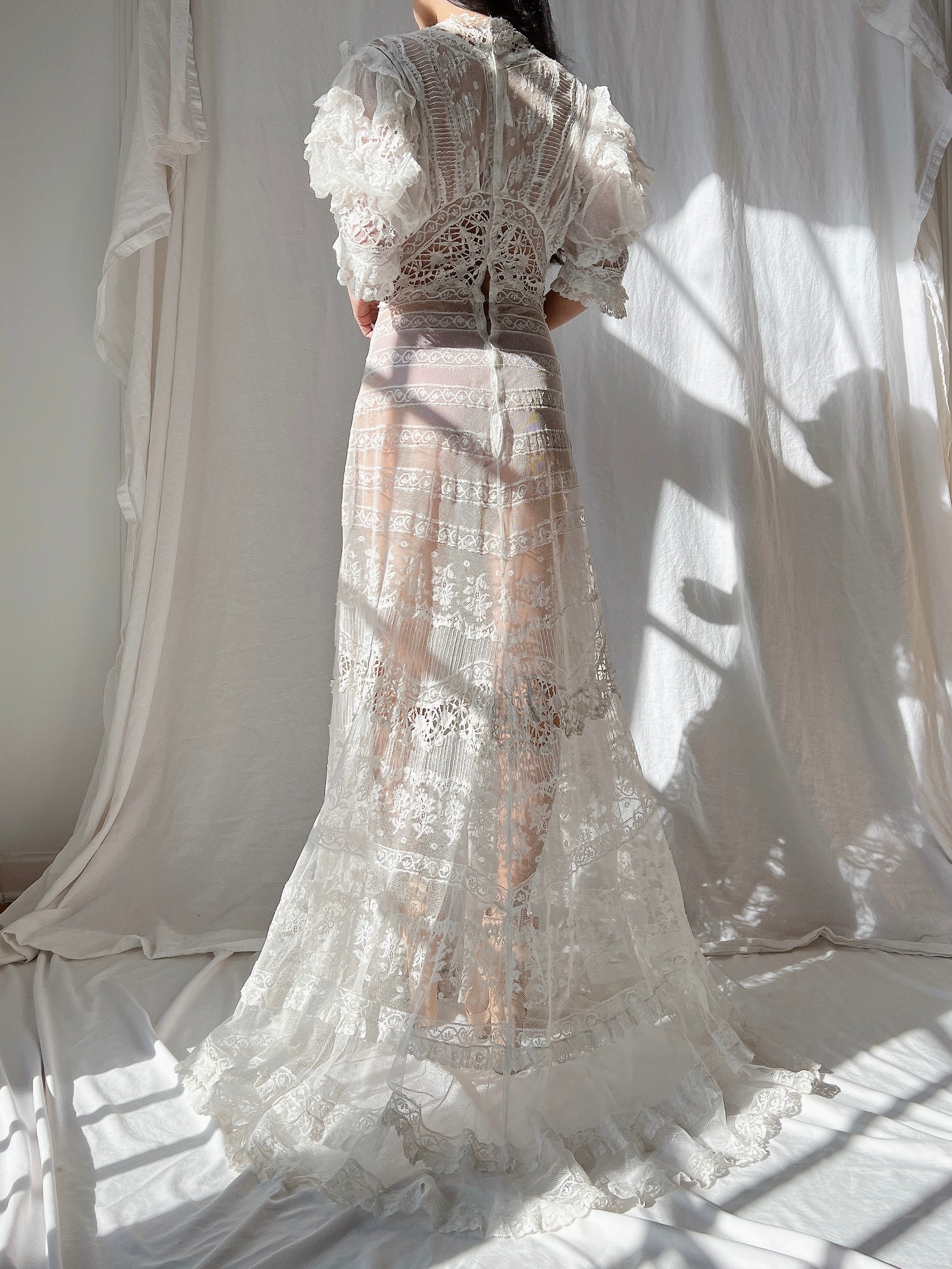 Rare Puff Sleeve Antique Tulle and Valenciennes Gown - S