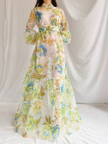 1970s Sheer Voile Puff Sleeves Gown - M