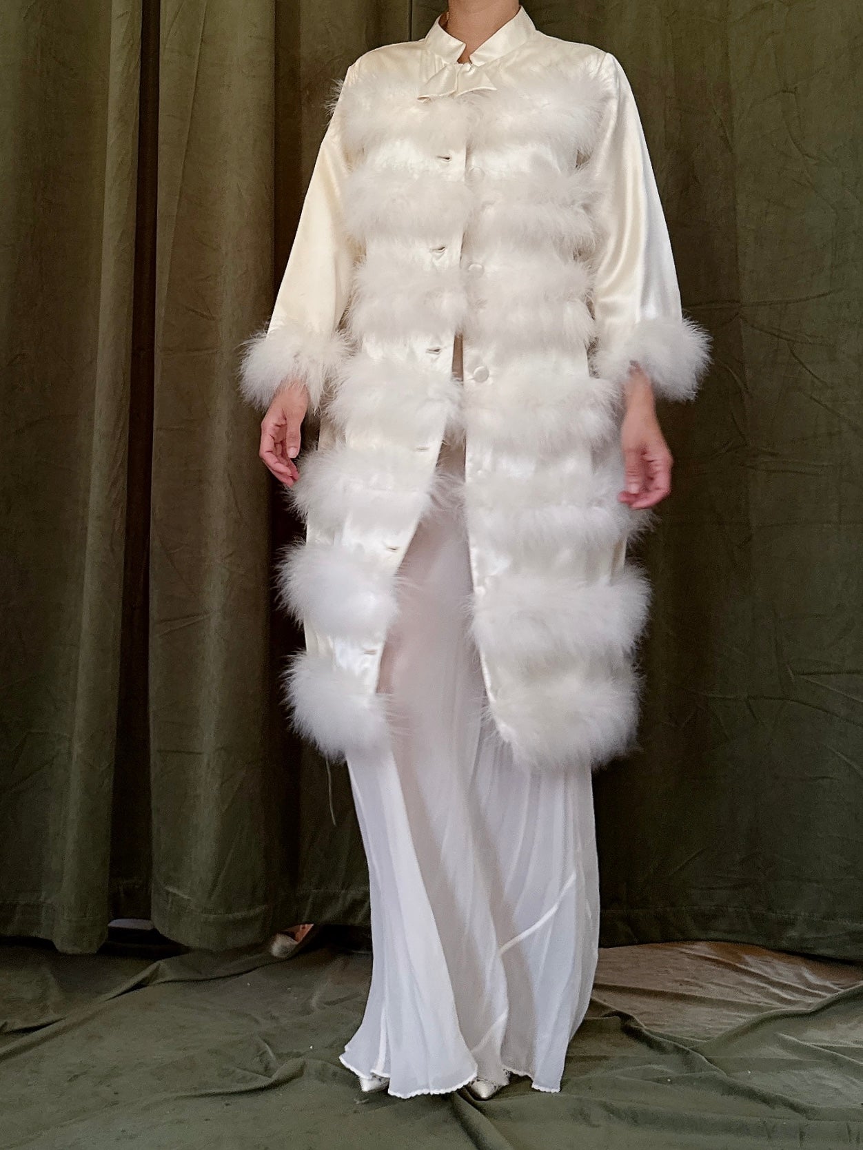 Vintage Satin Marabou Duster - M