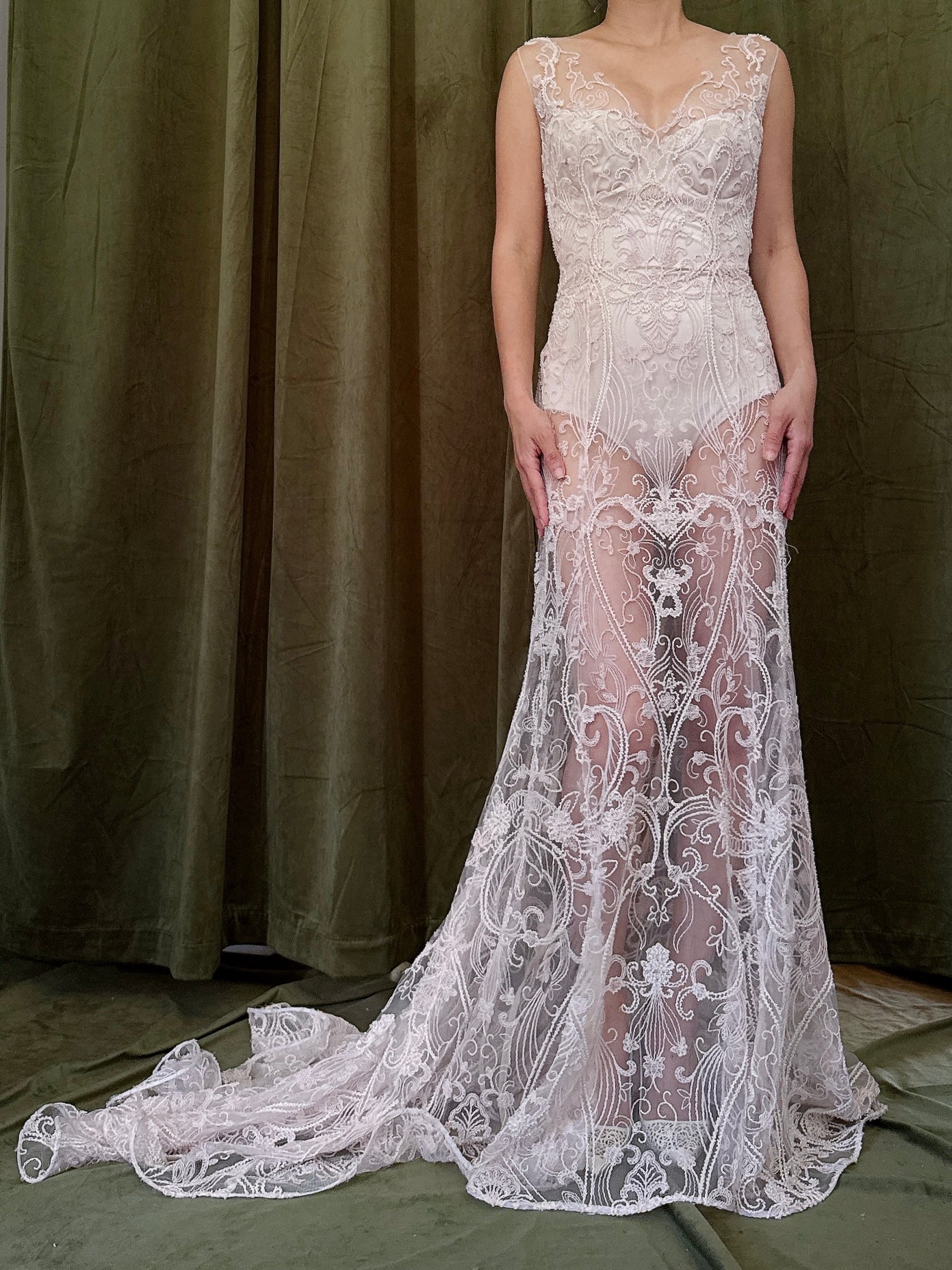 00 Light Pink Sheer Beaded Gown - M