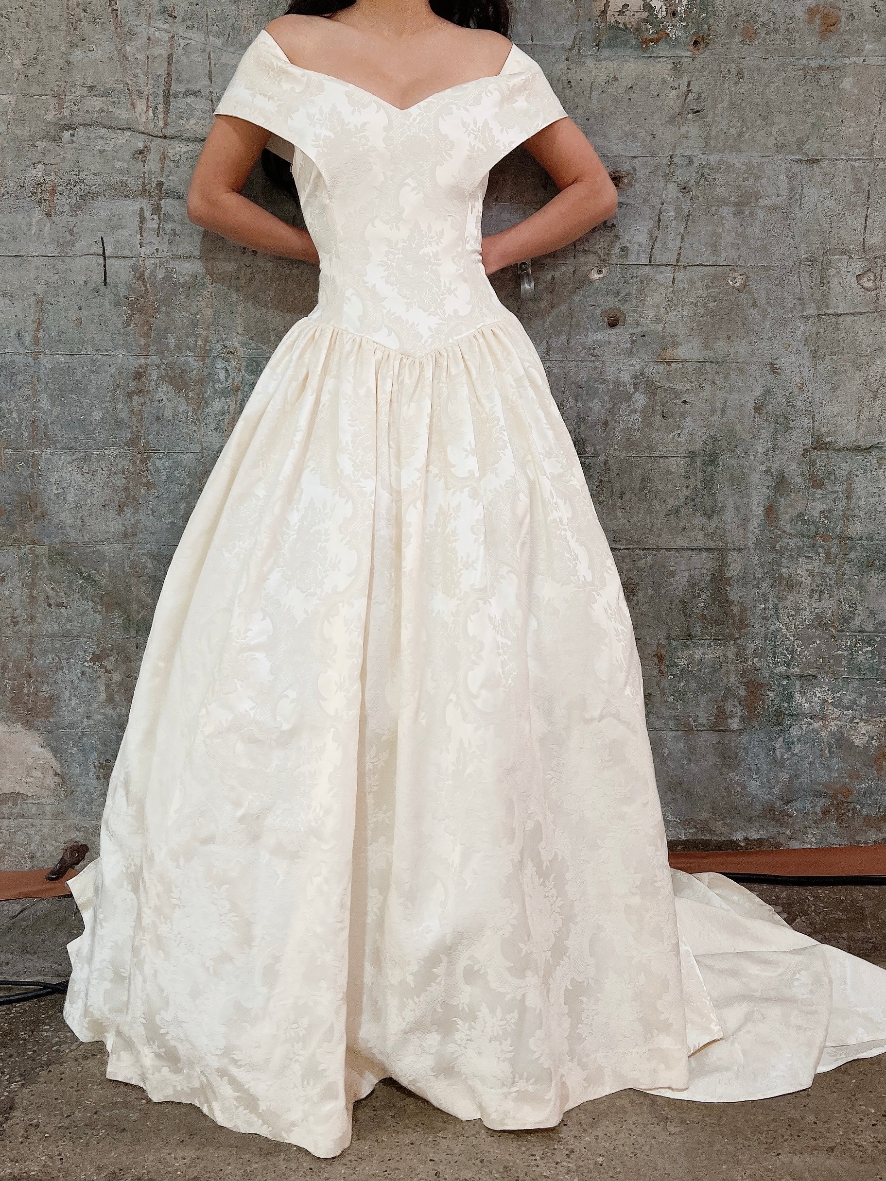 Vintage Brocade Off-the-Shoulder Gown with Train - M