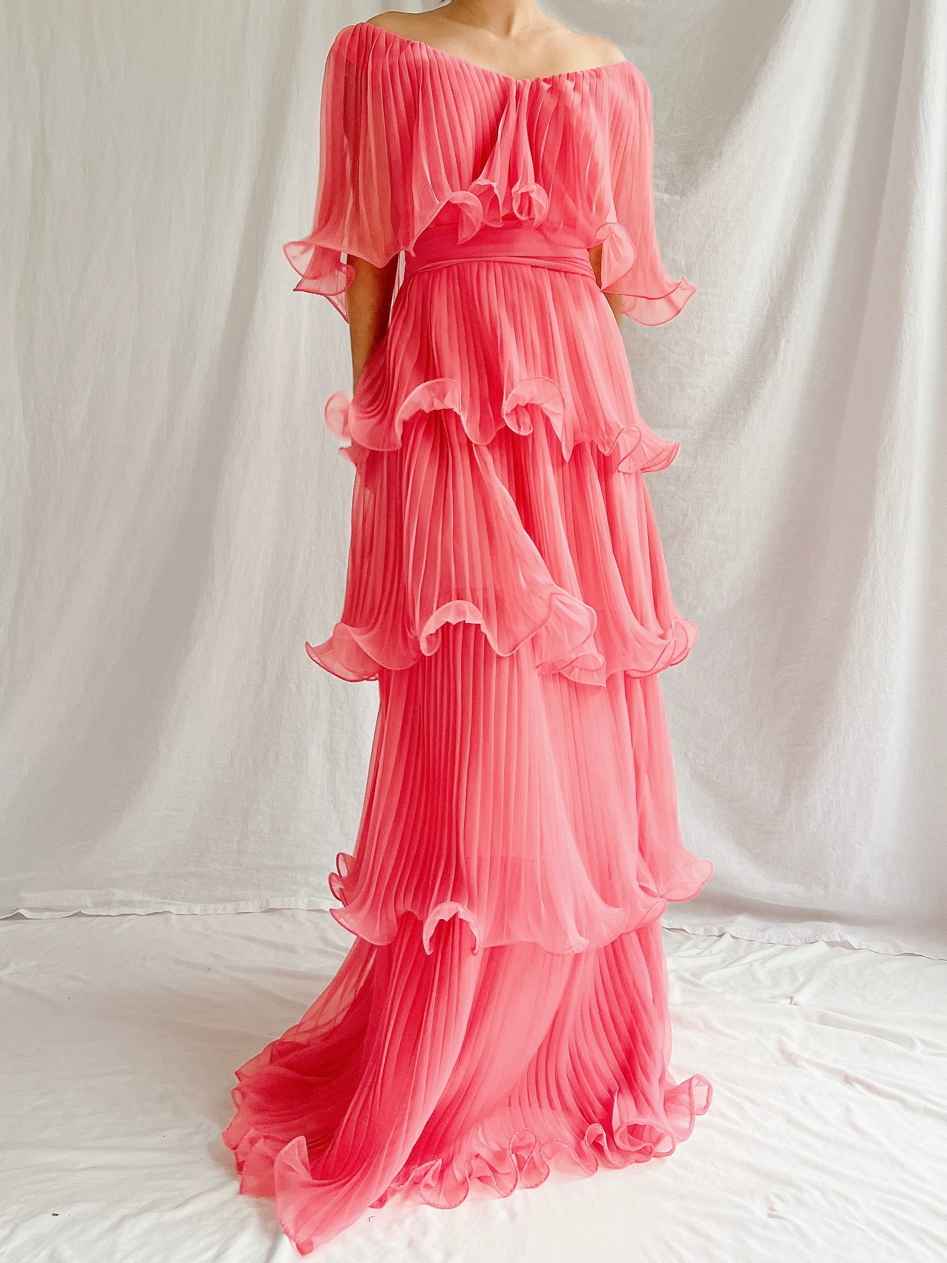 Vintage Watermelon Tiered Chiffon Dress - XS