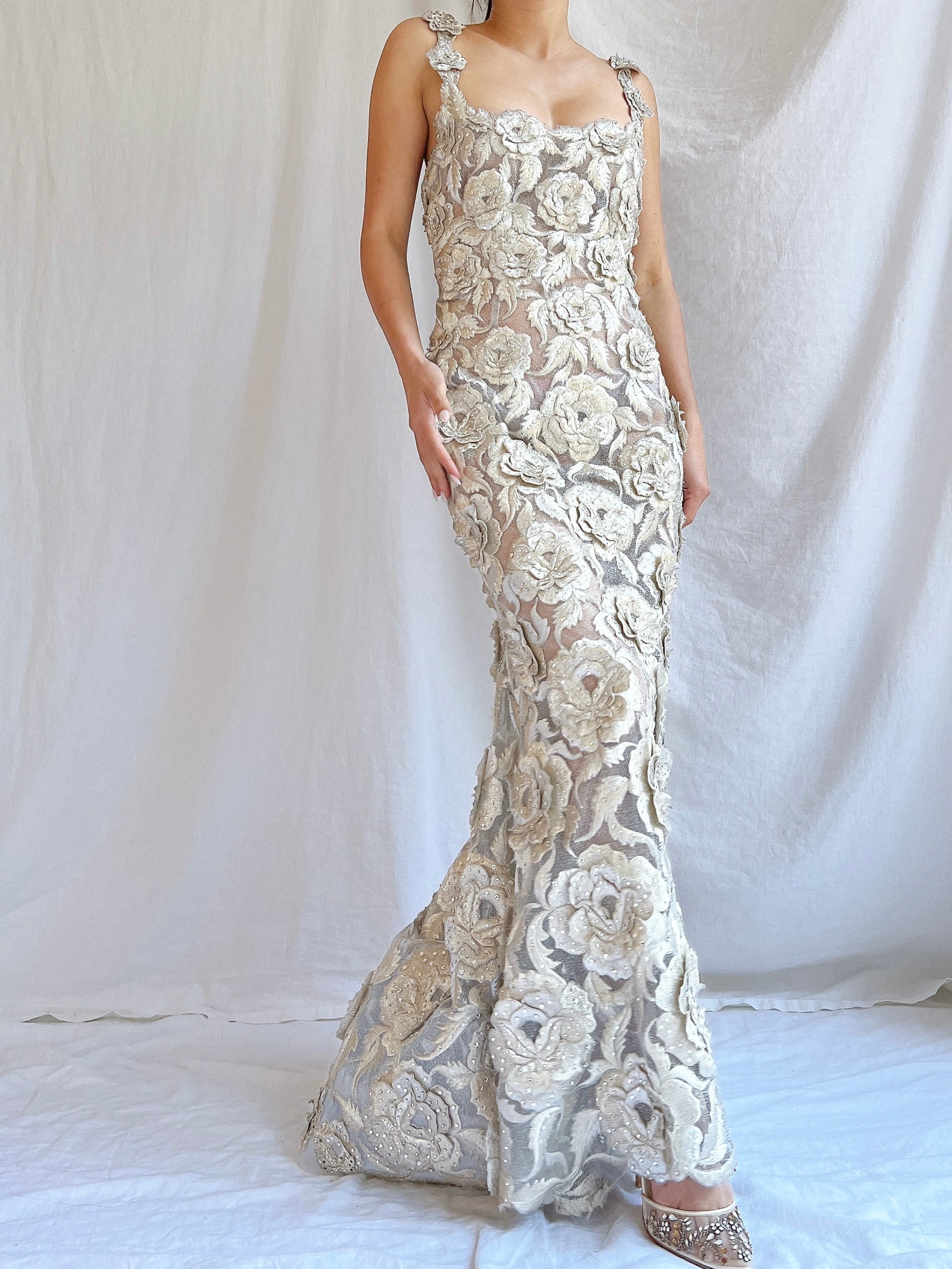 Vintage Fe Zandi Couture Metallic Rose Embroidered Dress - S/4