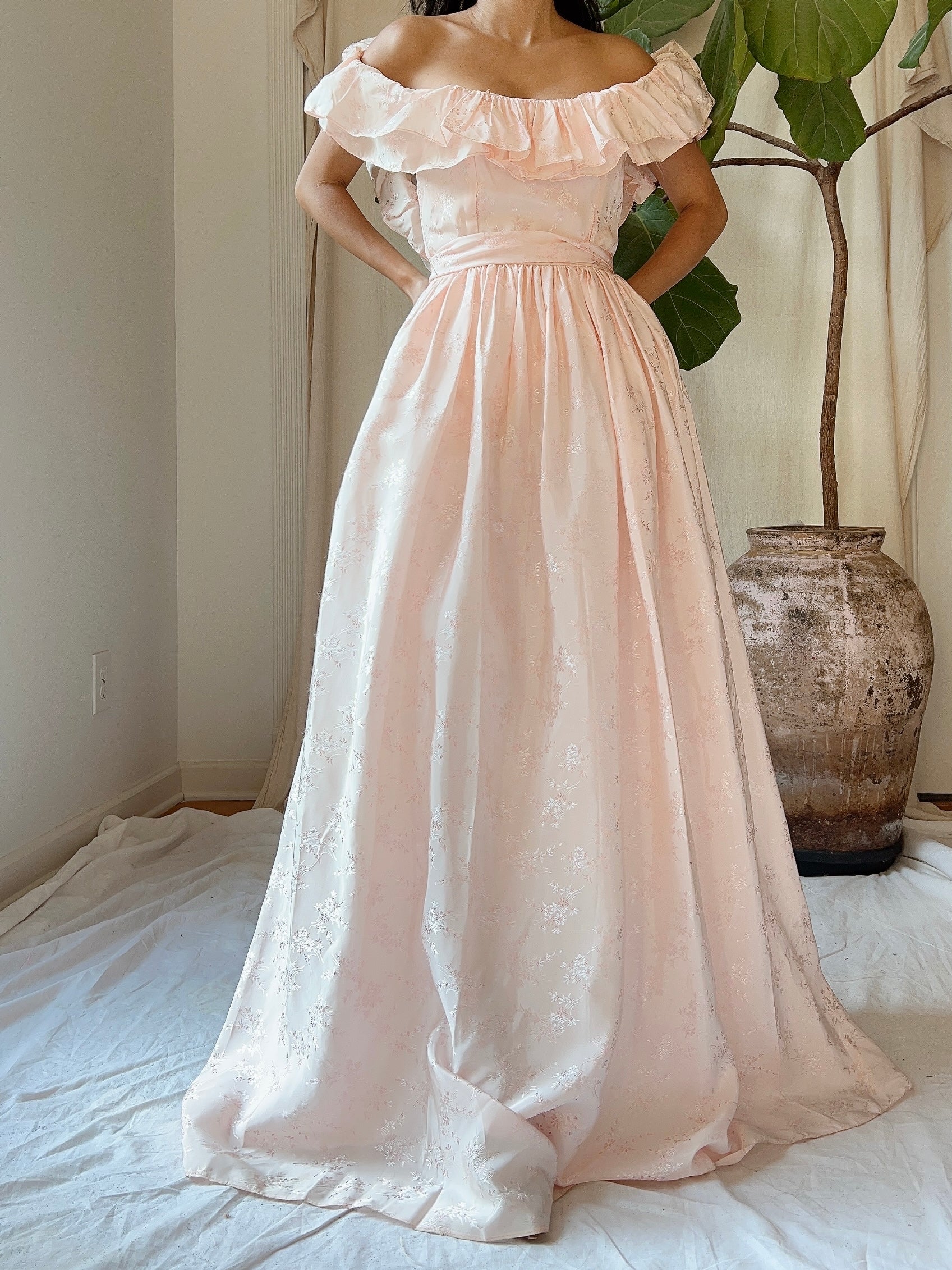 Vintage Pink Tafetta Off-the-Shoulder Dress - XS