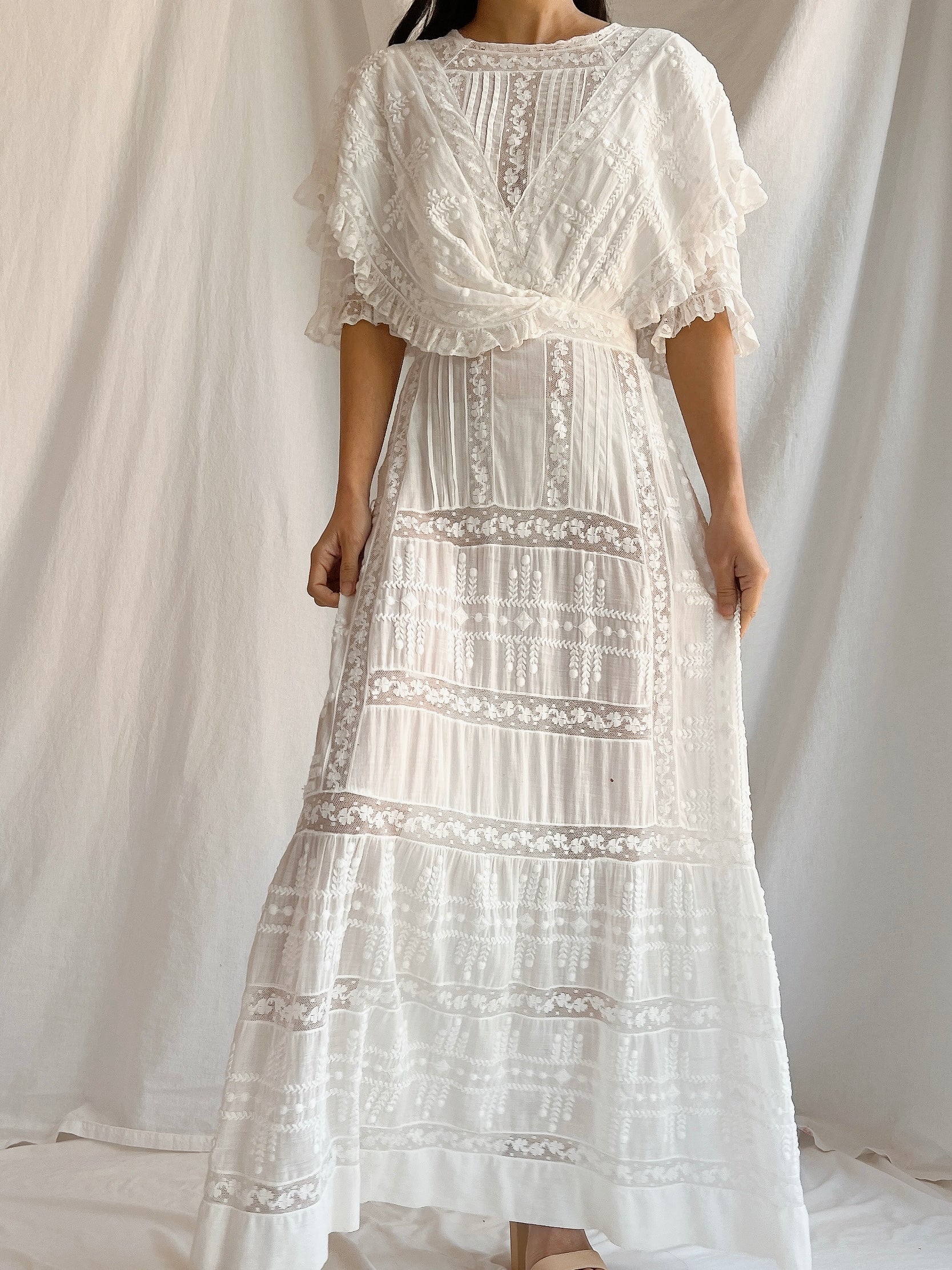 Edwardian Cotton Draped Bodice Lawn Dress - XS