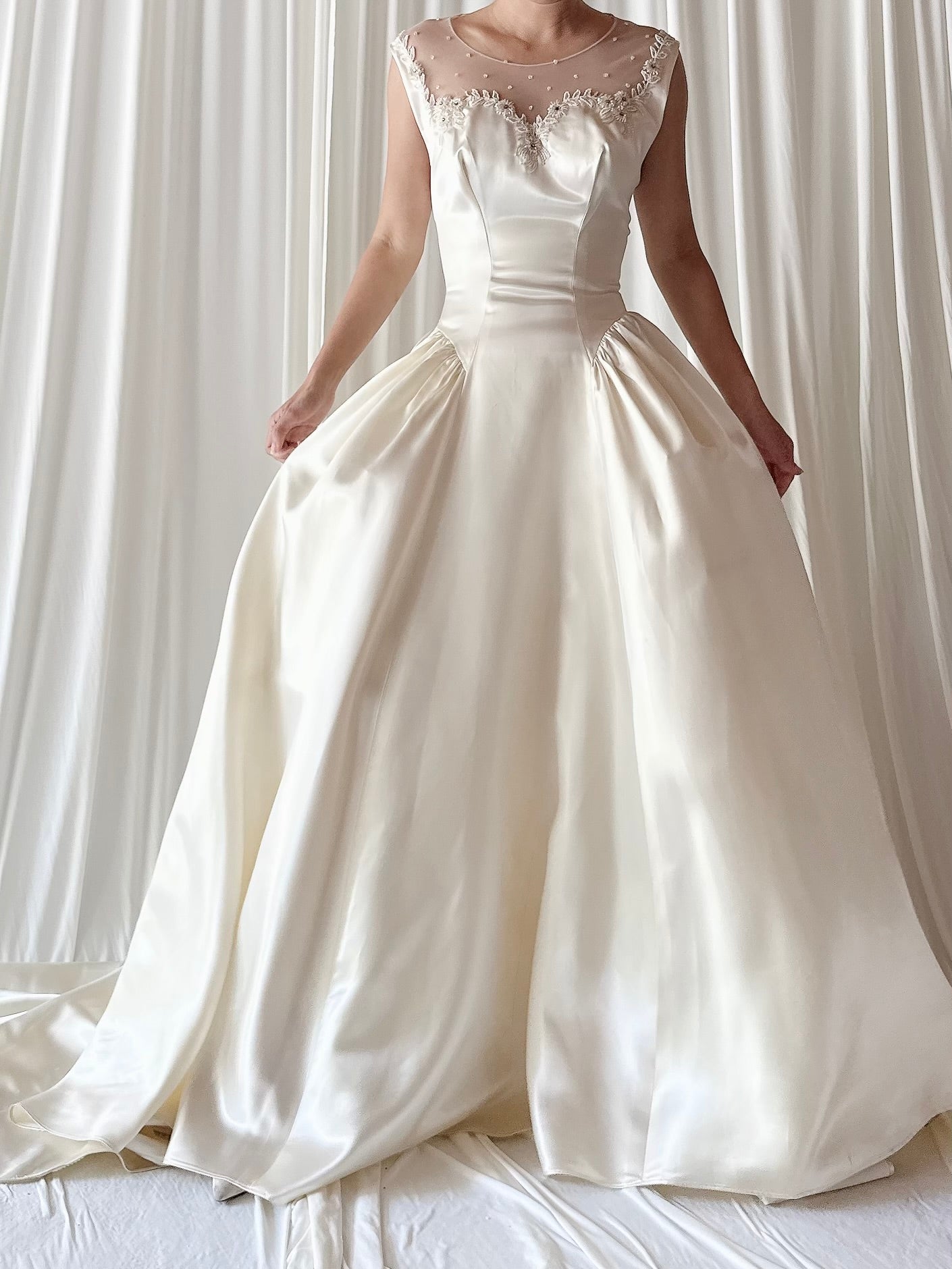 1940s Candlelight Satin Illusion Beaded Gown - S/6
