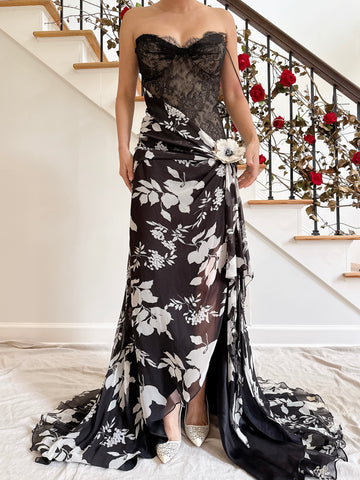 Vintage Belleville Sassoon Silk Lace Black White Flower Gown - UK 16