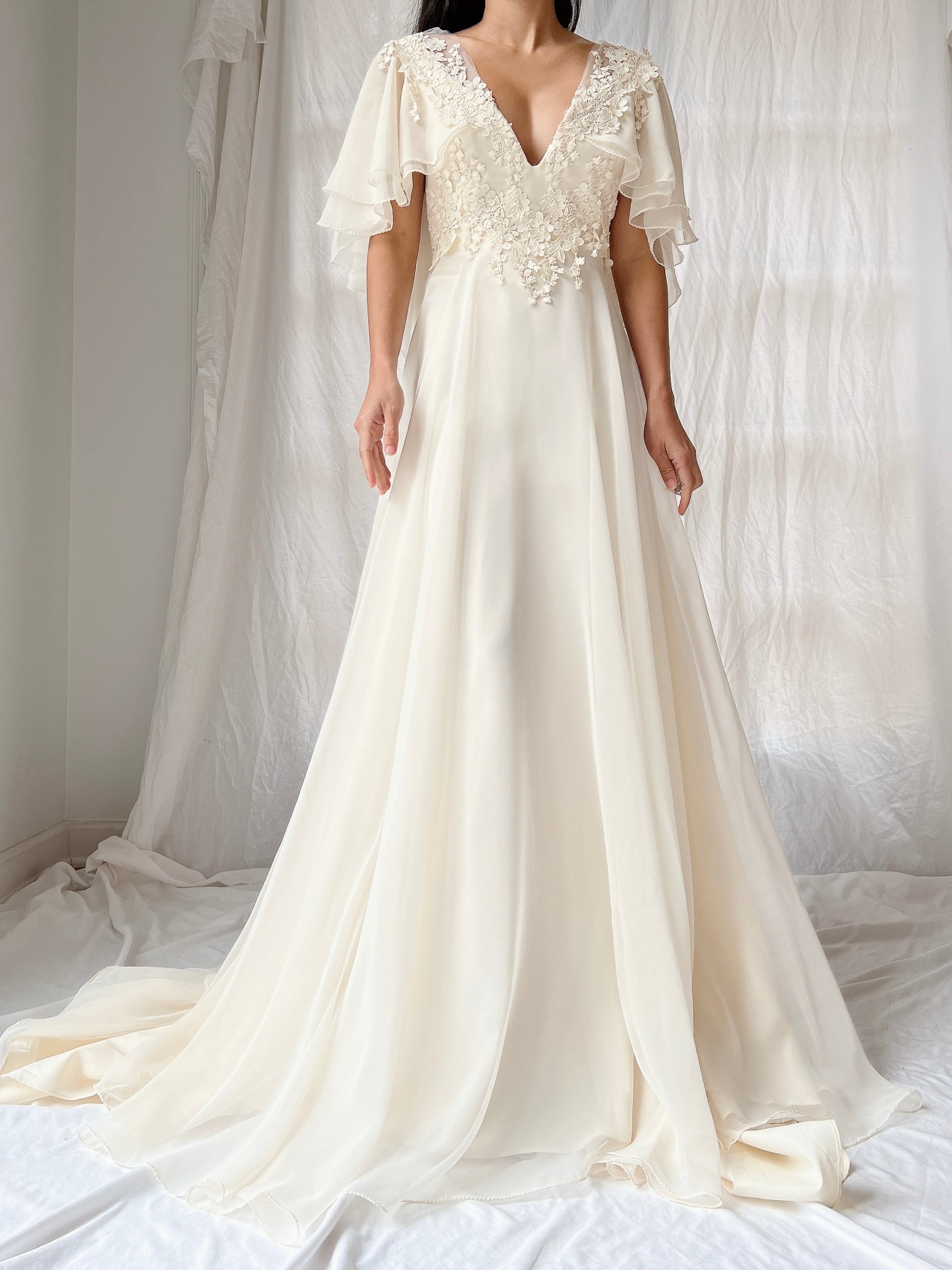 Vintage Flutter Sleeve Chiffon Dress - S/M
