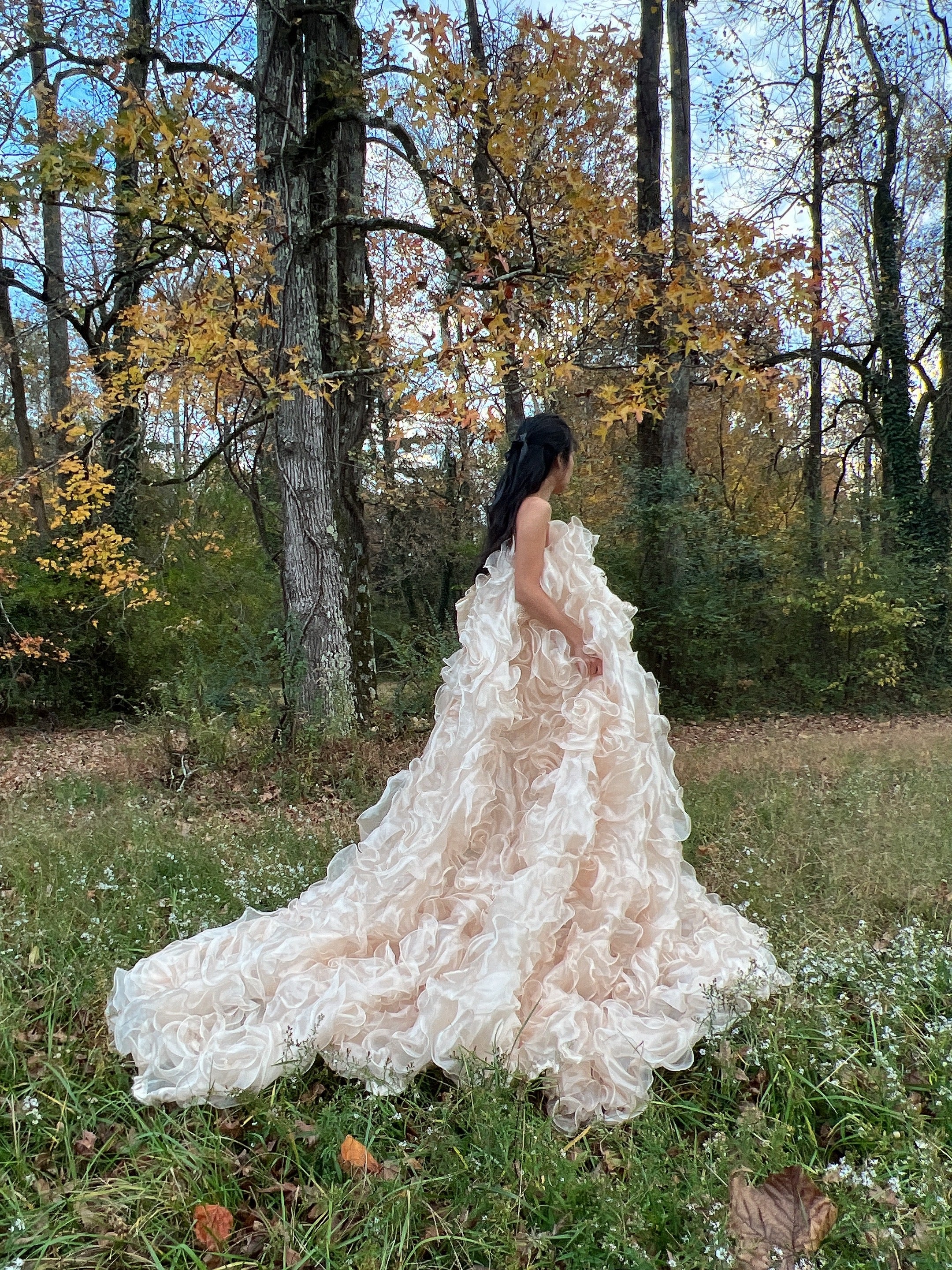 1980s Almond Organza Rose Patterned Dress - OSFM