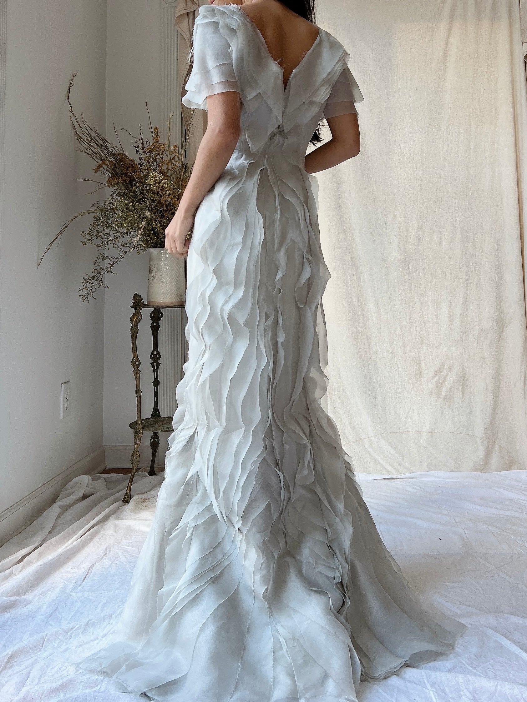 Vintage J. Mendel Smoke Gray Silk Organza Ruffle Gown - M/L 8/10
