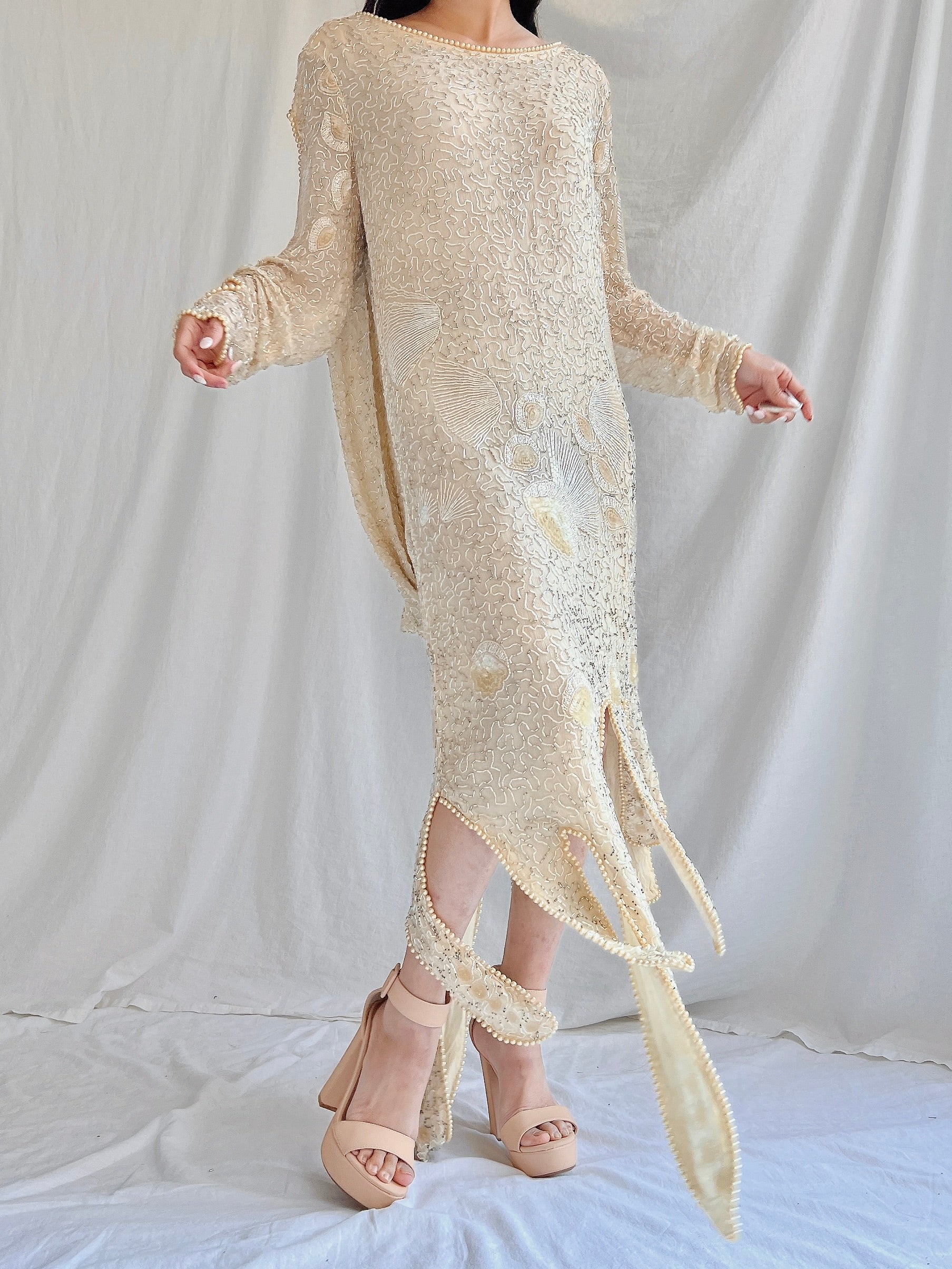 1970s Silk Beaded Dress - M