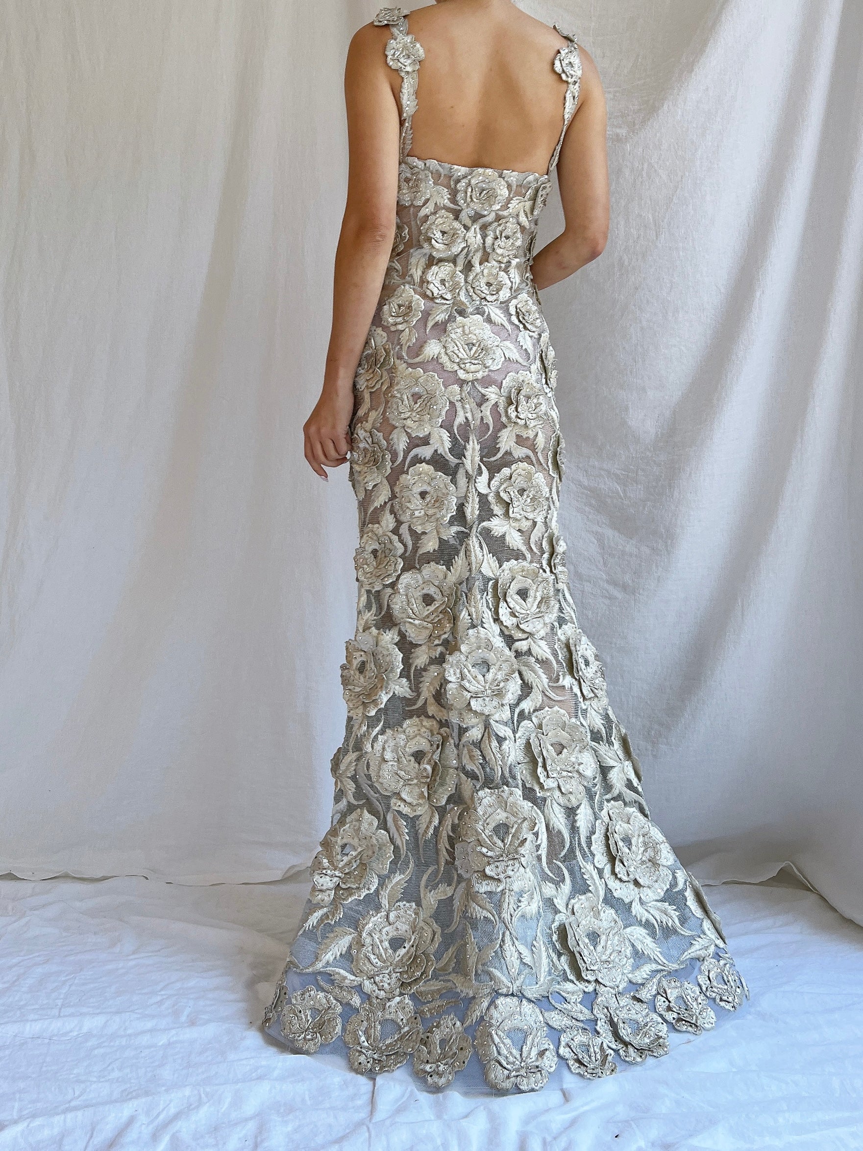 Vintage Fe Zandi Couture Metallic Rose Embroidered Dress - S/4