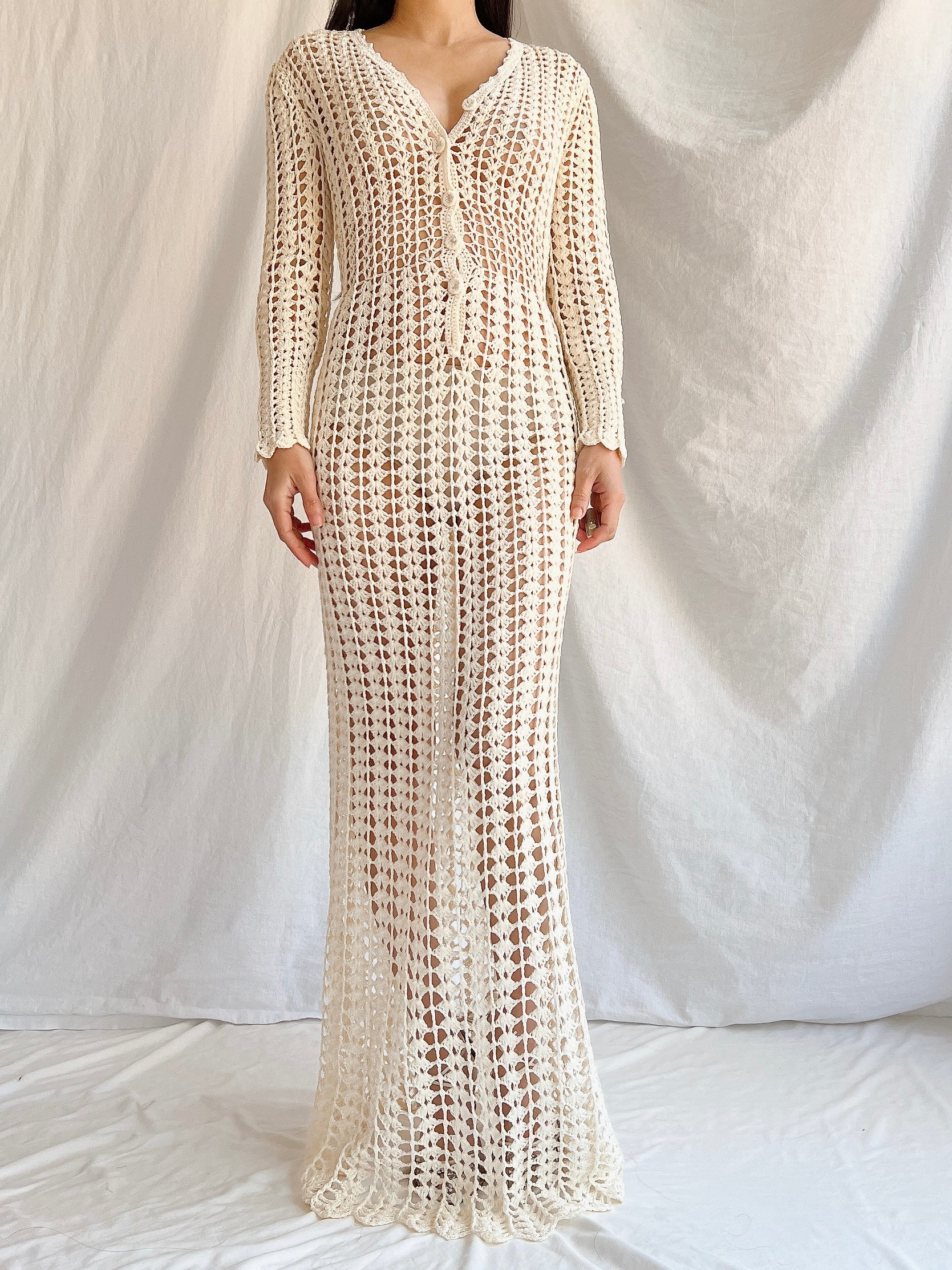 1970s Reversible Crochet Long Sleeve Dress - S