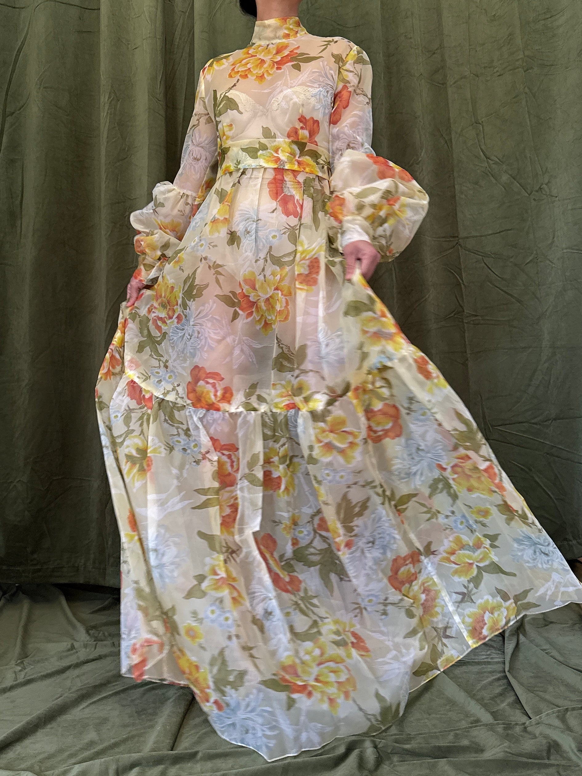 1960s Voile Floral Dress - S