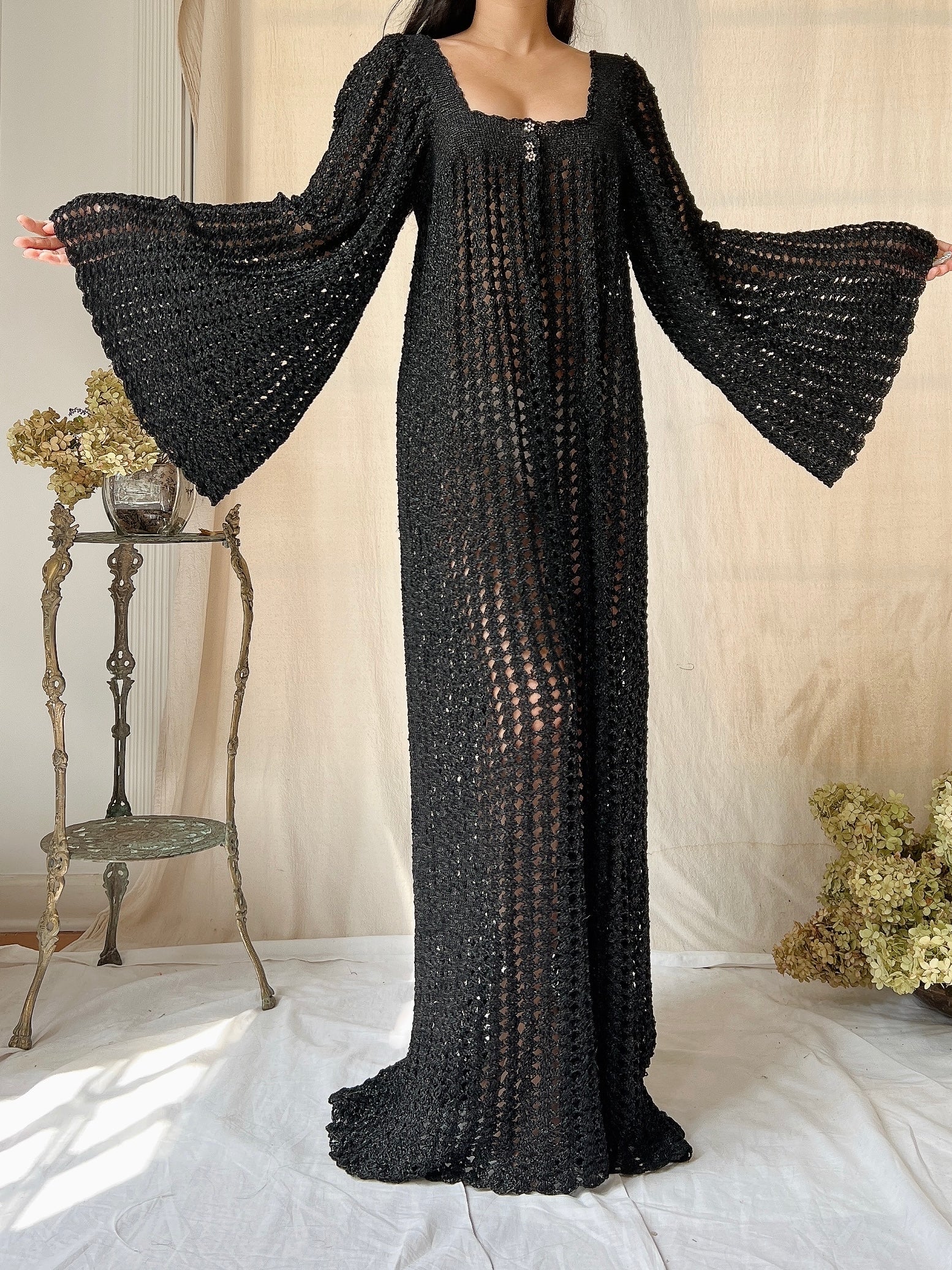 Vintage OOAK Shimmer Hand-Crochet Angel Sleeve Gown - S/M