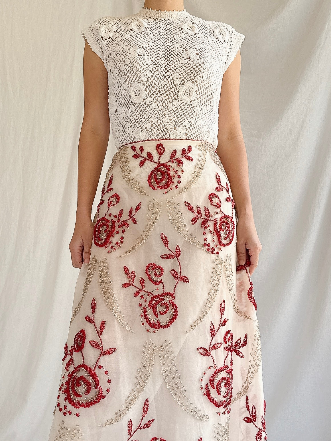 Vintage Handmade Beaded Organza Skirt - 28”