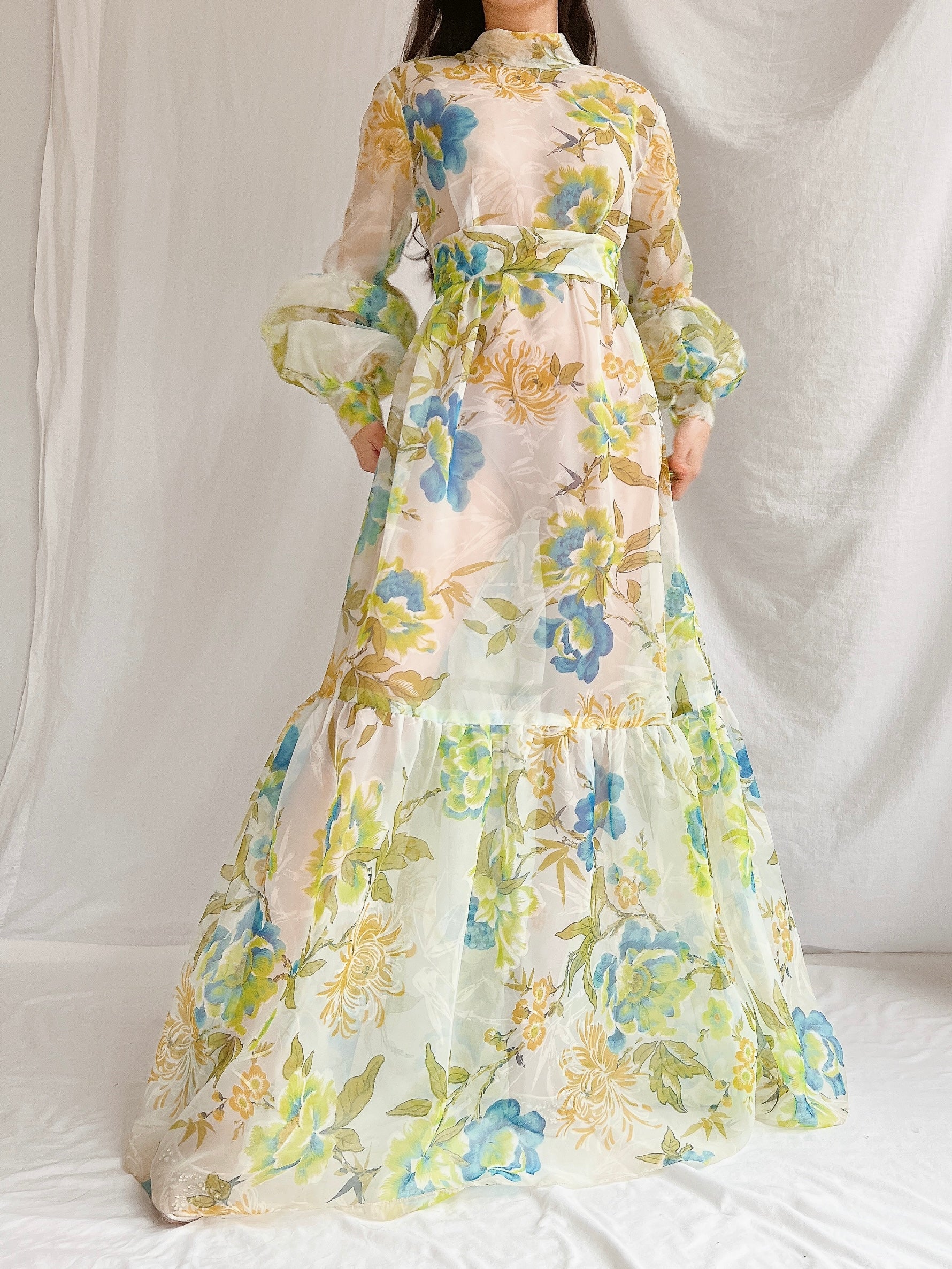 1970s Sheer Voile Puff Sleeves Gown - M